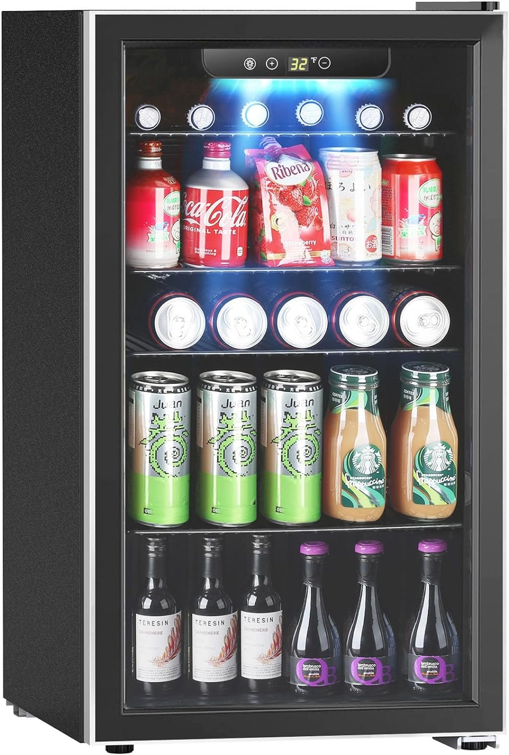 Kndko Beverage Refrigerator 3.2 Cu.Ft, Mini Fridge 130 Can, Little Cooler with Digital Display 32~71℉, Small Refrigerator with 4 Shelves for Bar, Home Office, Bedroom, Garage, Game Room, BLACK