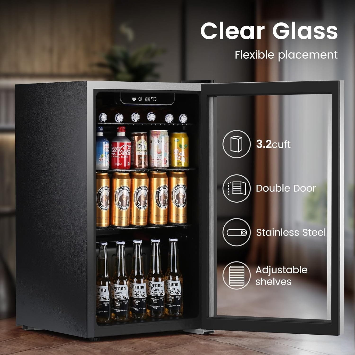 Kndko Beverage Refrigerator 3.2 Cu.Ft, Mini Fridge 130 Can, Little Cooler with Digital Display 32~71℉, Small Refrigerator with 4 Shelves for Bar, Home Office, Bedroom, Garage, Game Room, BLACK