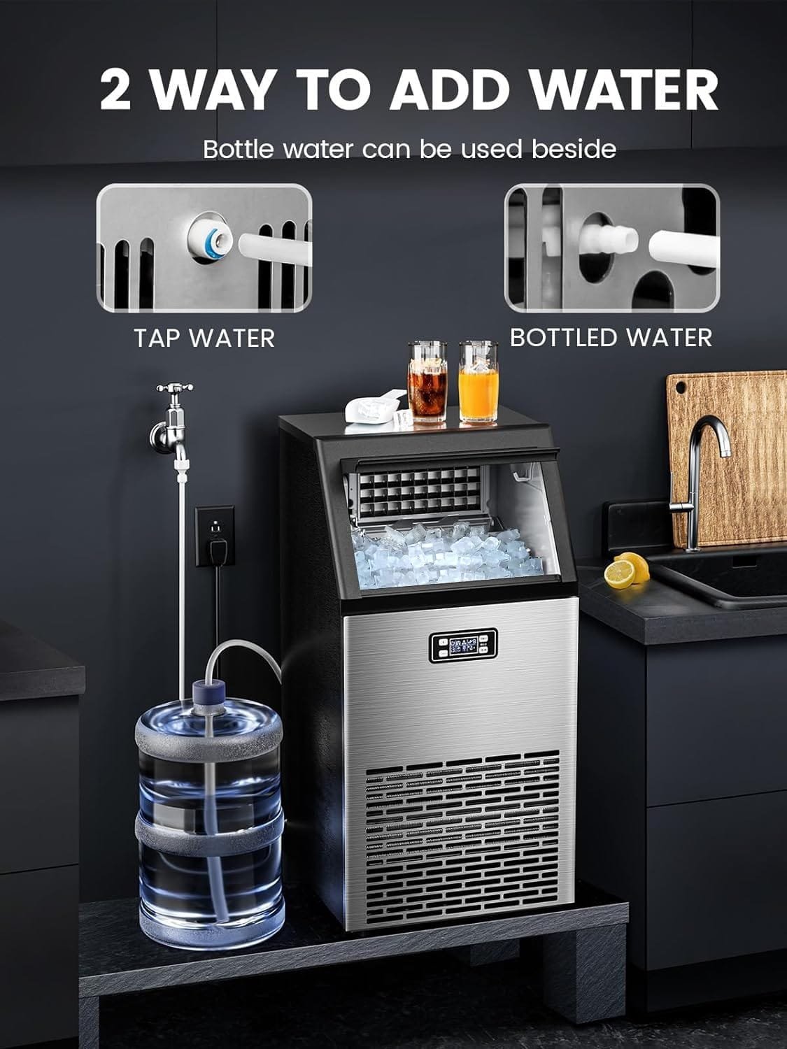 Kndko Commercial Ice Maker Machine, 100 lbs/24H, Stainless Steel Ice Maker with 2 Way Add Water, Under Counter Ice Machine, Freestanding Ice Maker, 24H Timer,Ice Machine for Home,Bar,Restaurant,RV