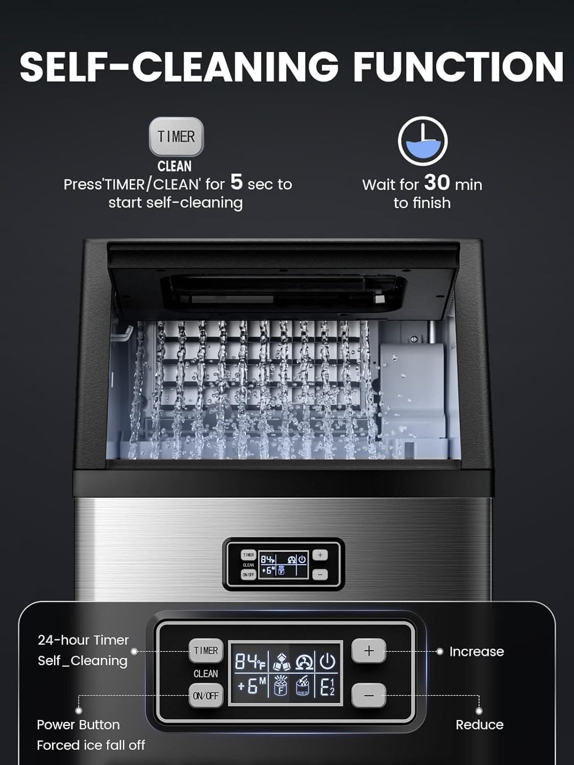 Kndko Commercial Ice Maker Machine, 100 lbs/24H, Stainless Steel Ice Maker with 2 Way Add Water, Under Counter Ice Machine, Freestanding Ice Maker, 24H Timer,Ice Machine for Home,Bar,Restaurant,RV