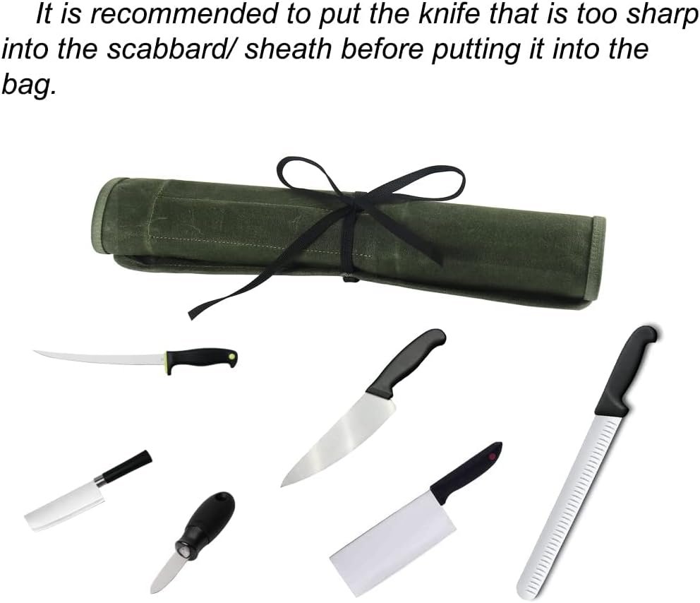 Knife Roll Bag, Chef’s Knife Roll Bag, Heavy Duty Chef Knife Roll Bag with 6 Slots, Waxed Canvas Knife Bag Roll, Knife Pouch Holder for Home Kitchen Travel Camping (green)