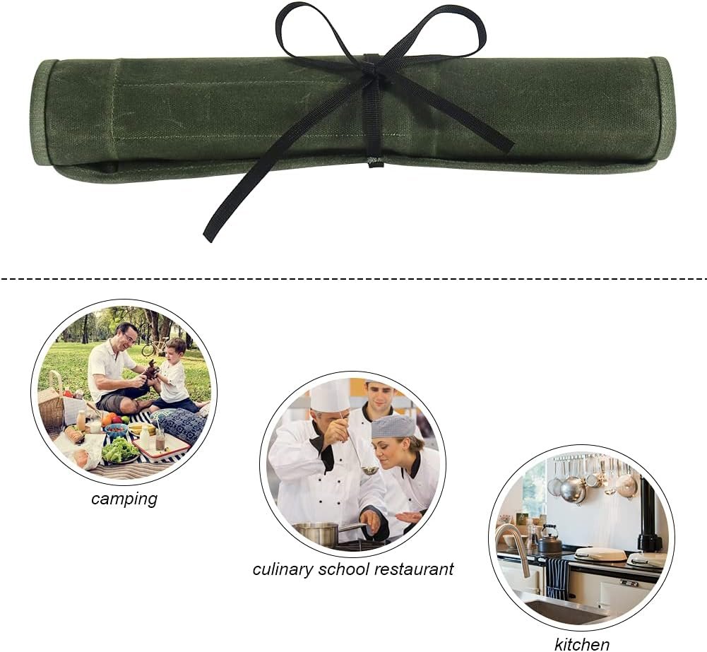 Knife Roll Bag, Chef’s Knife Roll Bag, Heavy Duty Chef Knife Roll Bag with 6 Slots, Waxed Canvas Knife Bag Roll, Knife Pouch Holder for Home Kitchen Travel Camping (green)