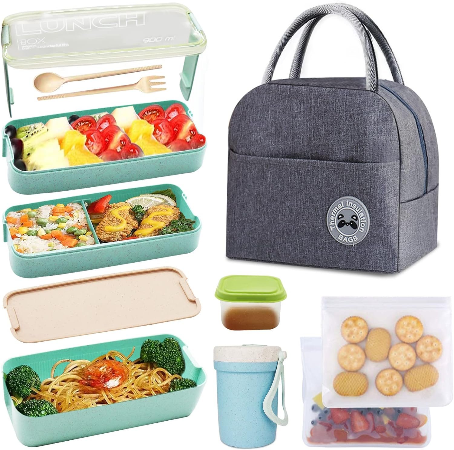 Koccido Bento Box Kit,Japanese Lunch Box 3-In-1 Compartment,Leakproof 3 Layer Lunch Container for Kids and Adults