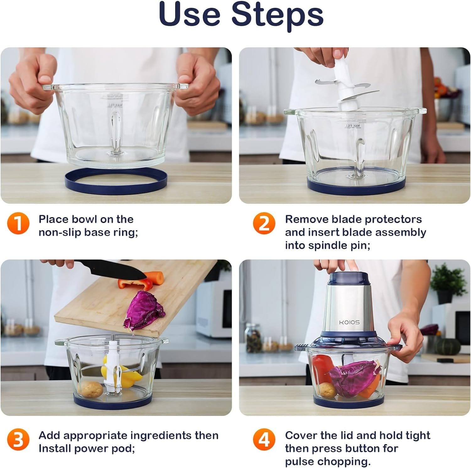 KOIOS 500W Powerful Electric Food Processor with 8 Cup Stainless Steel  Glass Bowls, 2 Speed Mode Electric Food Chopper with 2 Sets Blades Electric Meat Grinder Chopper for Family  Baby Use