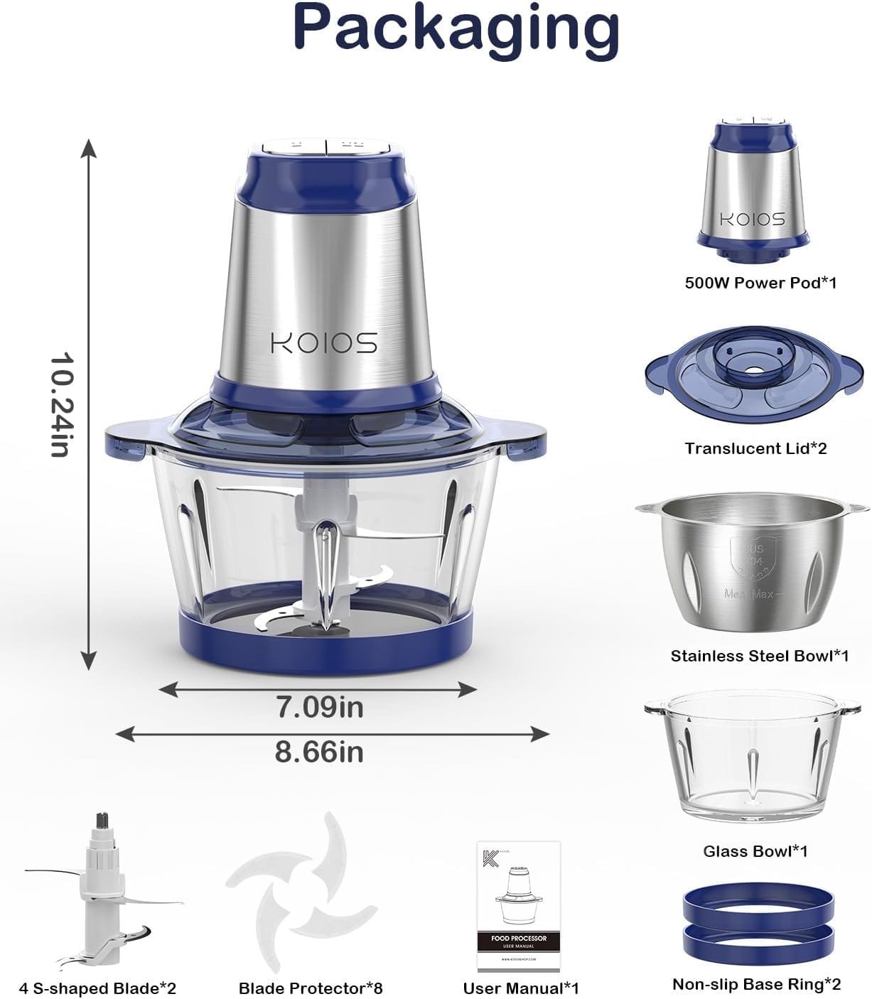 KOIOS 500W Powerful Electric Food Processor with 8 Cup Stainless Steel  Glass Bowls, 2 Speed Mode Electric Food Chopper with 2 Sets Blades Electric Meat Grinder Chopper for Family  Baby Use
