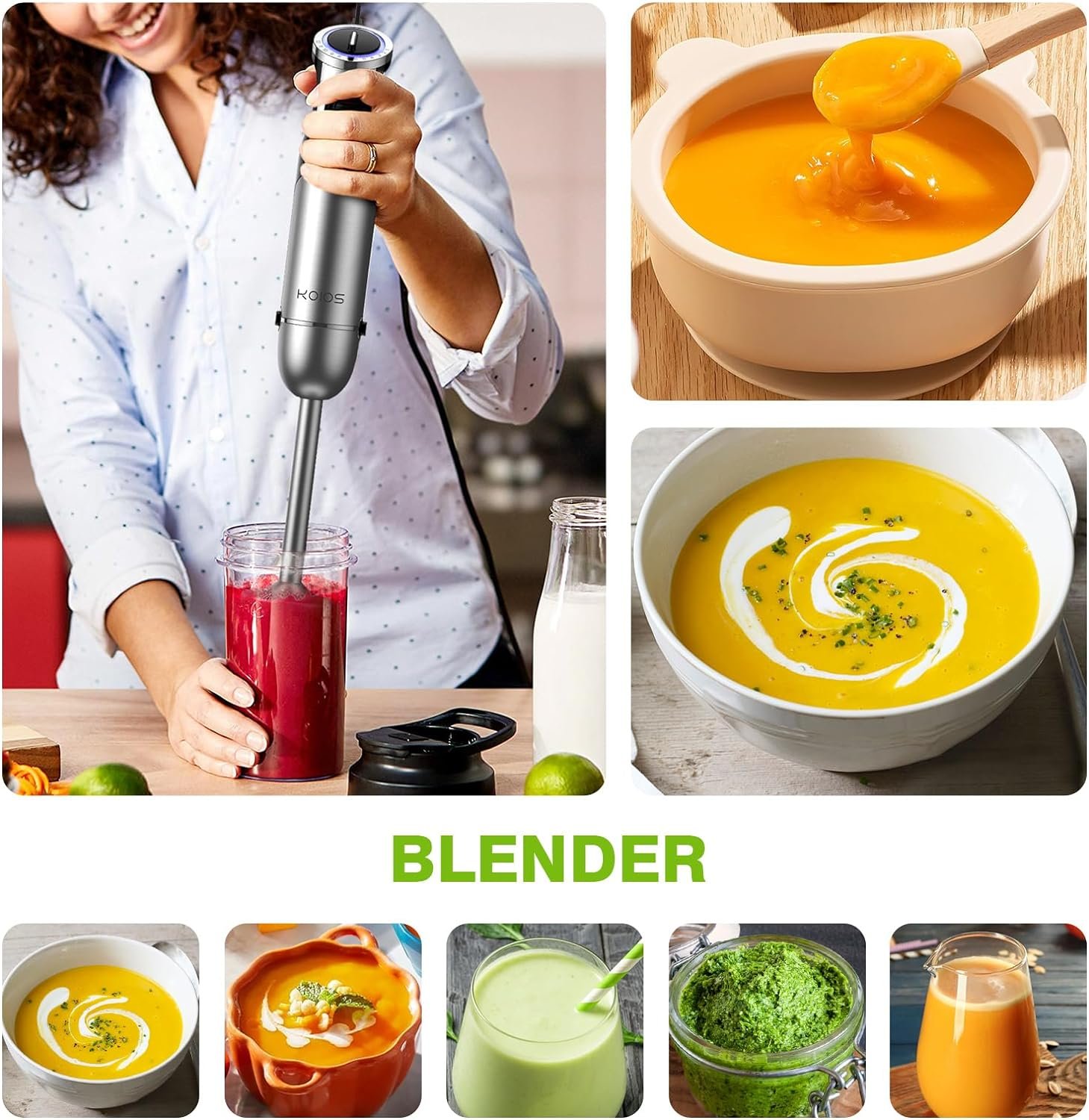 KOIOS Immersion Hand Blender, 5-in-1 Hand Blender with Entire Stainless Steel Blender Shaft, Full Copper Motor, Built in 12 Speed Turbo Stick Blender, Handheld blender for Baby food, Smoothies, Soups