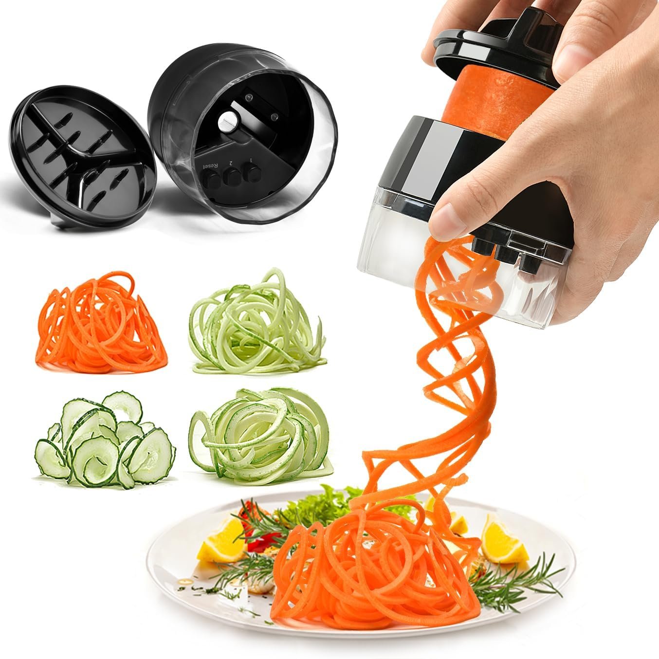 KOLINTY Spiralizer Vegetable Slicer - Zucchini Spaghetti Zoodle Maker Adjustable Handheld Zucchini Noodle Maker Veggie Spiral Cutter for Carrot, Cucumber, Zucchini, Onion, Low Carb Vegan Meals