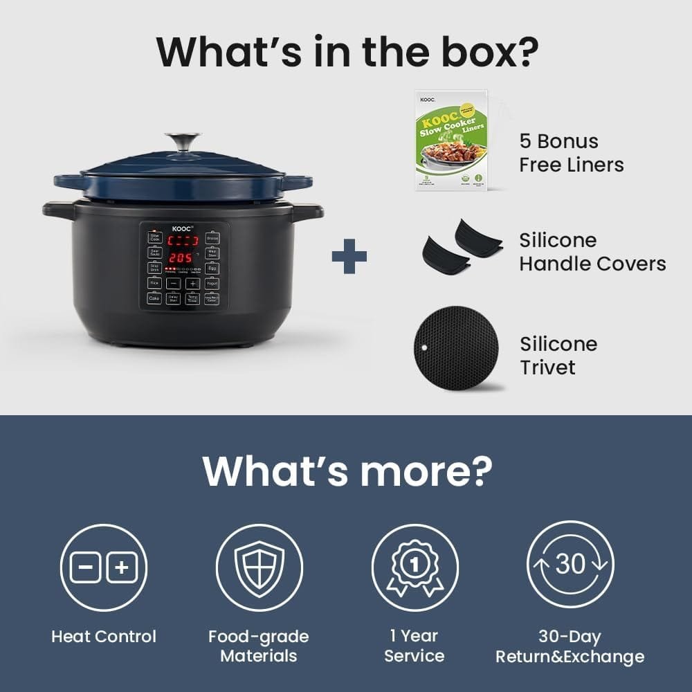 KOOC 10-in-1 Electric Slow Cooker, 6-Quart Blue, Slow Cook, Braise, Meat Stew, Sear/Sauté, Enameled Cast Iron with Self-Basting Lid, 1500W