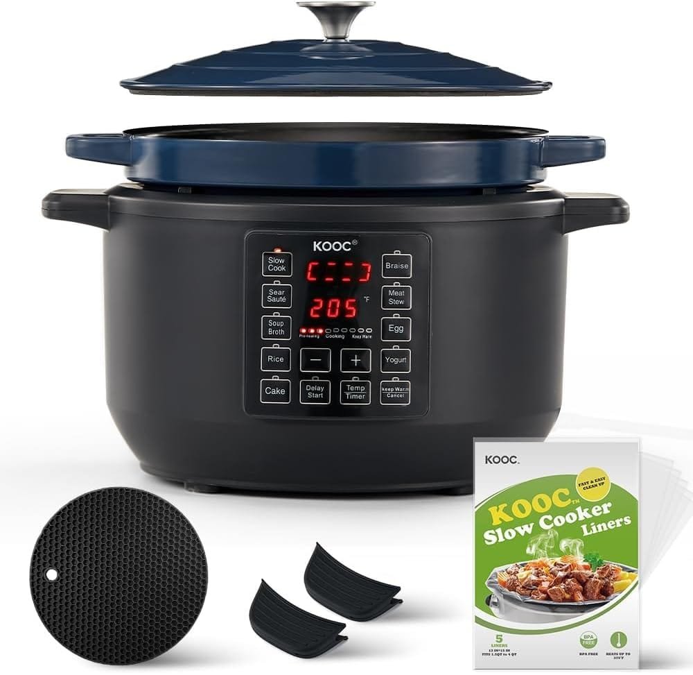 KOOC 10-in-1 Electric Slow Cooker, 6-Quart Blue, Slow Cook, Braise, Meat Stew, Sear/Sauté, Enameled Cast Iron with Self-Basting Lid, 1500W