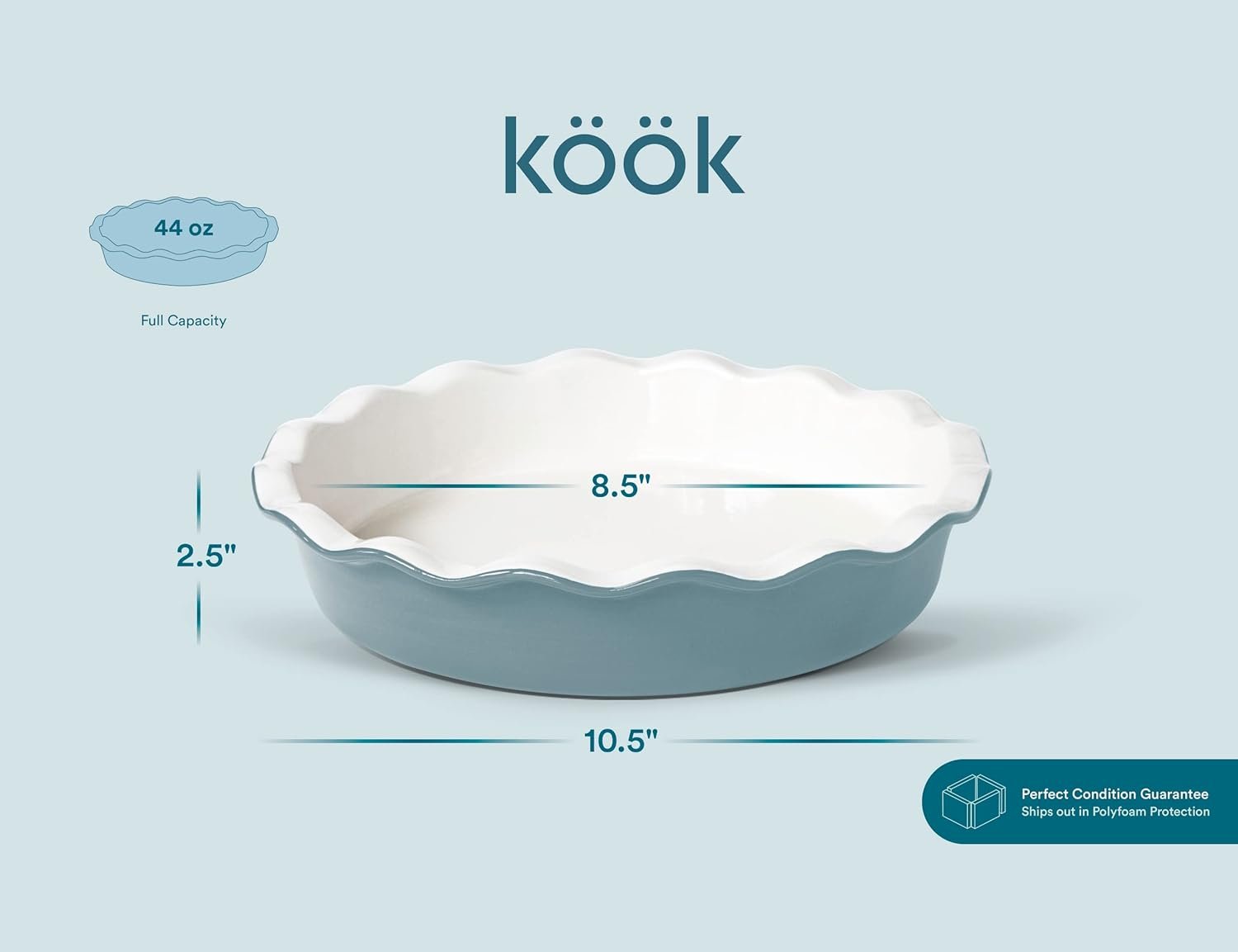 KooK Pie Dish, Round Pie Pan/Plate, Deep Dish, Ruffled Wave Edge, for Kitchen Cooking/Baking Dessert Dinner, 10-Inch Ceramic make, 42oz (Slate Gray)