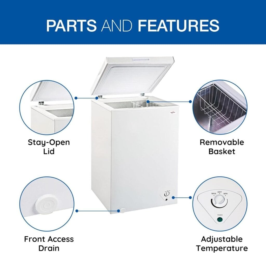 Koolatron Compact Chest Freezer, 3.5 cu ft (99L), White, Manual Defrost Deep Freeze, Storage Basket, Space-Saving Flat Back, Stay-Open Lid, Front-Access Defrost Drain, for Apartment, Condo, Cottage