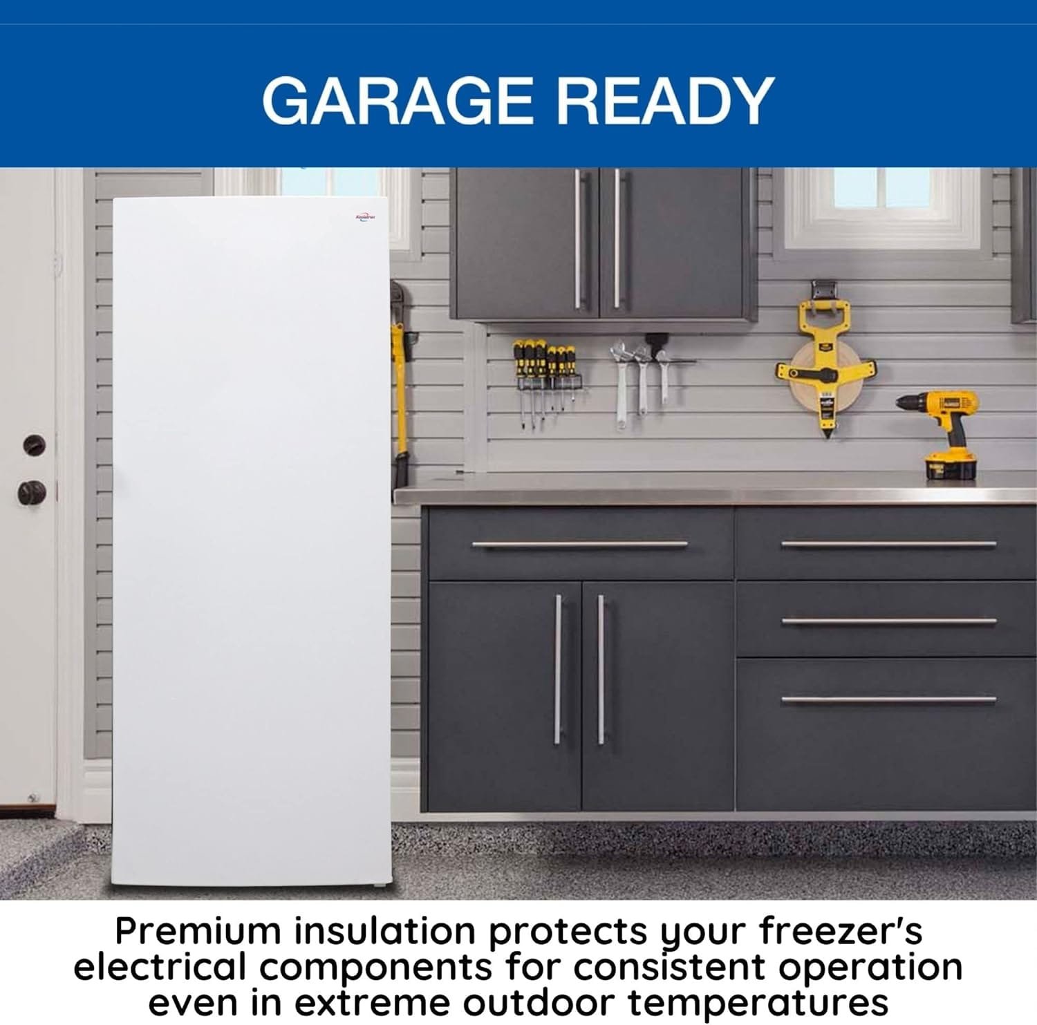 Koolatron Garage-Ready Upright Freezer, 7.0 cu ft (198L), White, Low-Frost, Space-Saving Flat Back, Tempered Glass Shelves, Reversible Door, Pizza Compartment, for Garage, Shed, Basement, Cottage