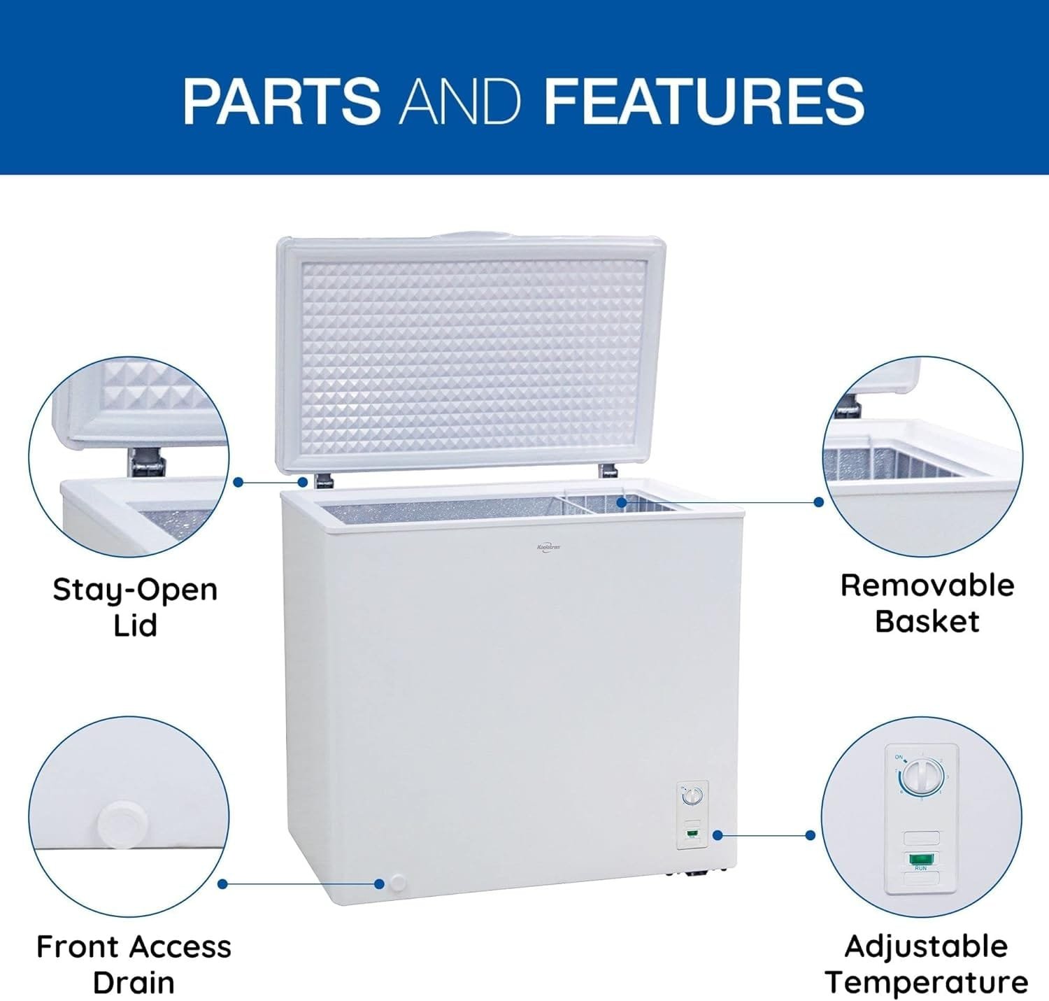 Koolatron Large Chest Freezer, 7.0 cu ft (195L), White, Manual Defrost Deep Freeze, Storage Basket, Space-Saving Flat Back, Stay-Open Lid, Front-Access Drain, for Basement, Laundry Room, Cottage