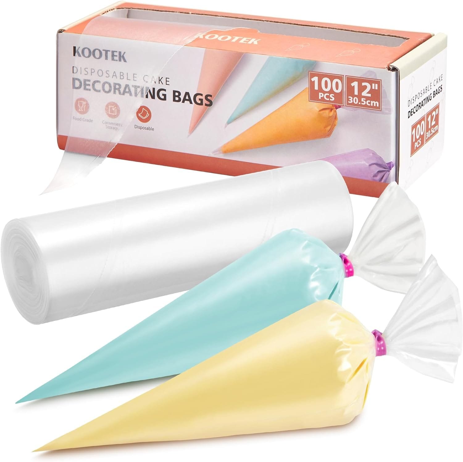 Kootek 12 Piping Bags (100Pcs), Disposable Pastry Bags Anti Burst Icing Frosting Bag Thick Cake Decorating Bags for Cookie, Cupcake, Candy, Baking Supplies Tools