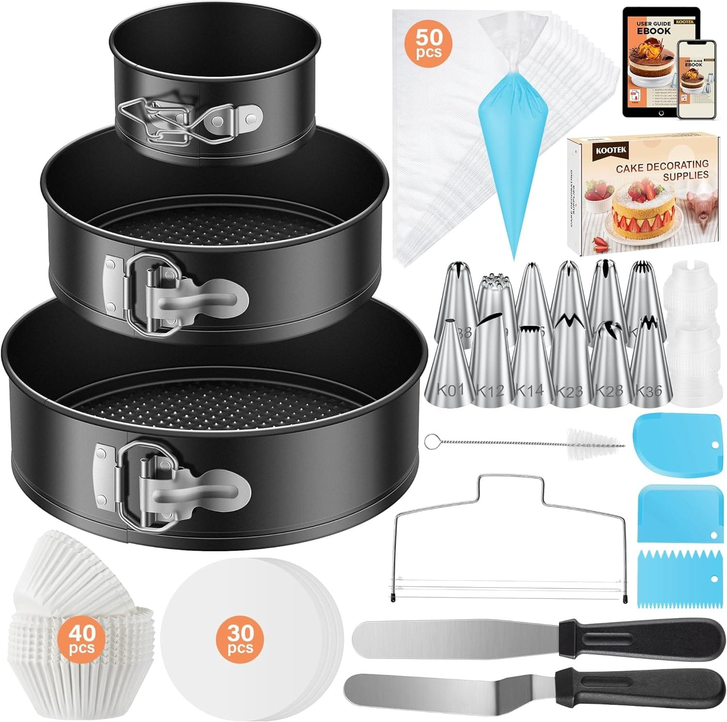 Kootek 144pcs Cake Pan Set with Ebook, Cake Decorating Supplies with 3 Round Nonstick Removable Base Bakeware Springform Pans (4 7 9), Numbered Piping Tips and Other Baking Supplies for Cheesecake