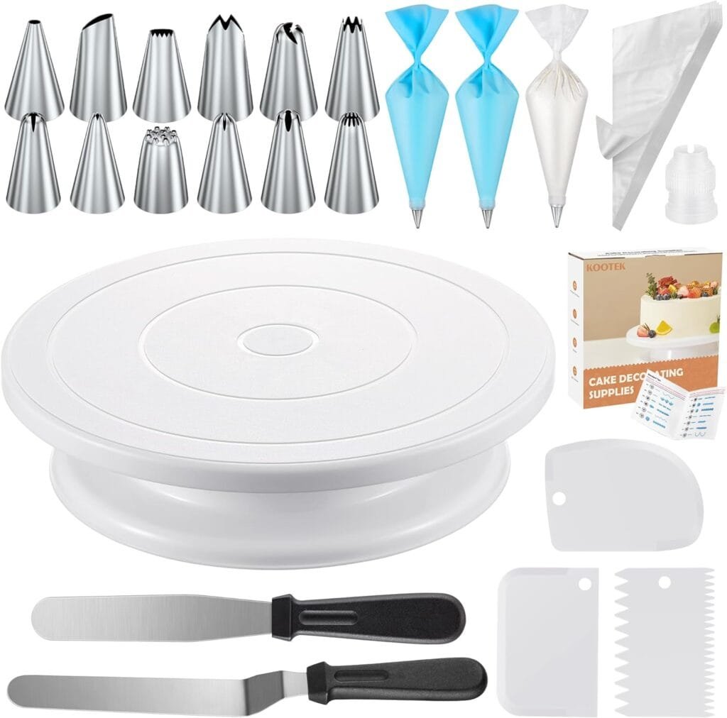 Kootek 71PCs Cake Decorating Supplies Kit with Cake Turntable, 12 Numbered Icing Piping Tips, 2 Spatulas, 3 Icing Comb Scraper, 50+2 Piping Bags, and 1 Coupler for Baking