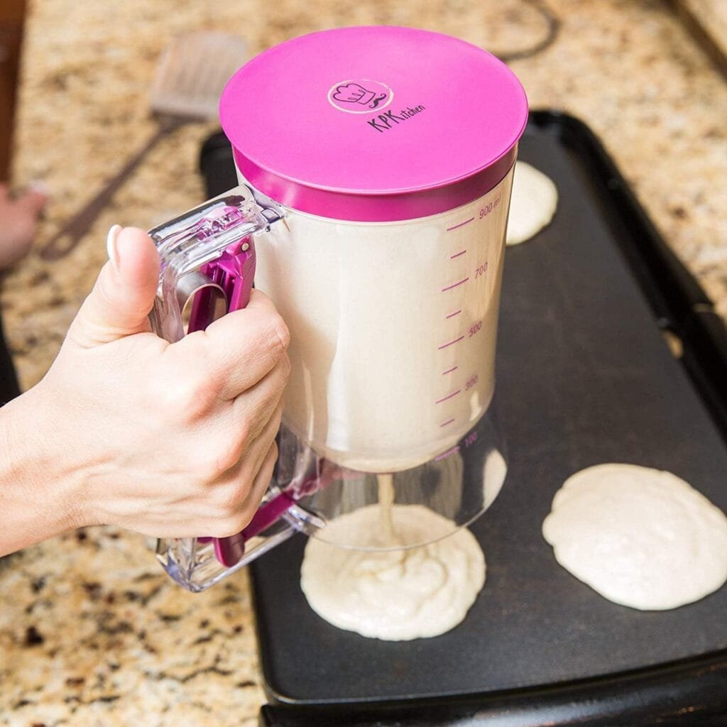 KPKitchen Pancake Batter Dispenser - Kitchen Must Have Tool for Perfect Pancakes, Cupcake, Waffle, Muffin Mix, Cake  Crepe - Easy Pour Baking Supplies for Griddle - Pancake Maker with Measuring Label KPKitchen Pancake Batter Dispenser - Kitchen Must Have Tool for Perfect Pancakes, Cupcake, Waffle, Muffin Mix, Cake  Crepe - Easy Pour Baking Supplies for Griddle - Pancake Maker with Measuring Label