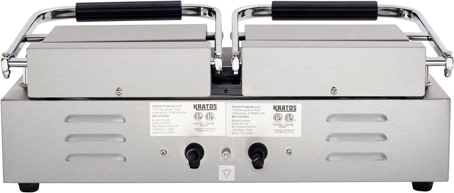 Kratos 29Y-025 Commercial Panini Sandwich Grill with Grooved Top and Smooth Bottom Plates, 18.7 x 9 Cooking Surface, 120V