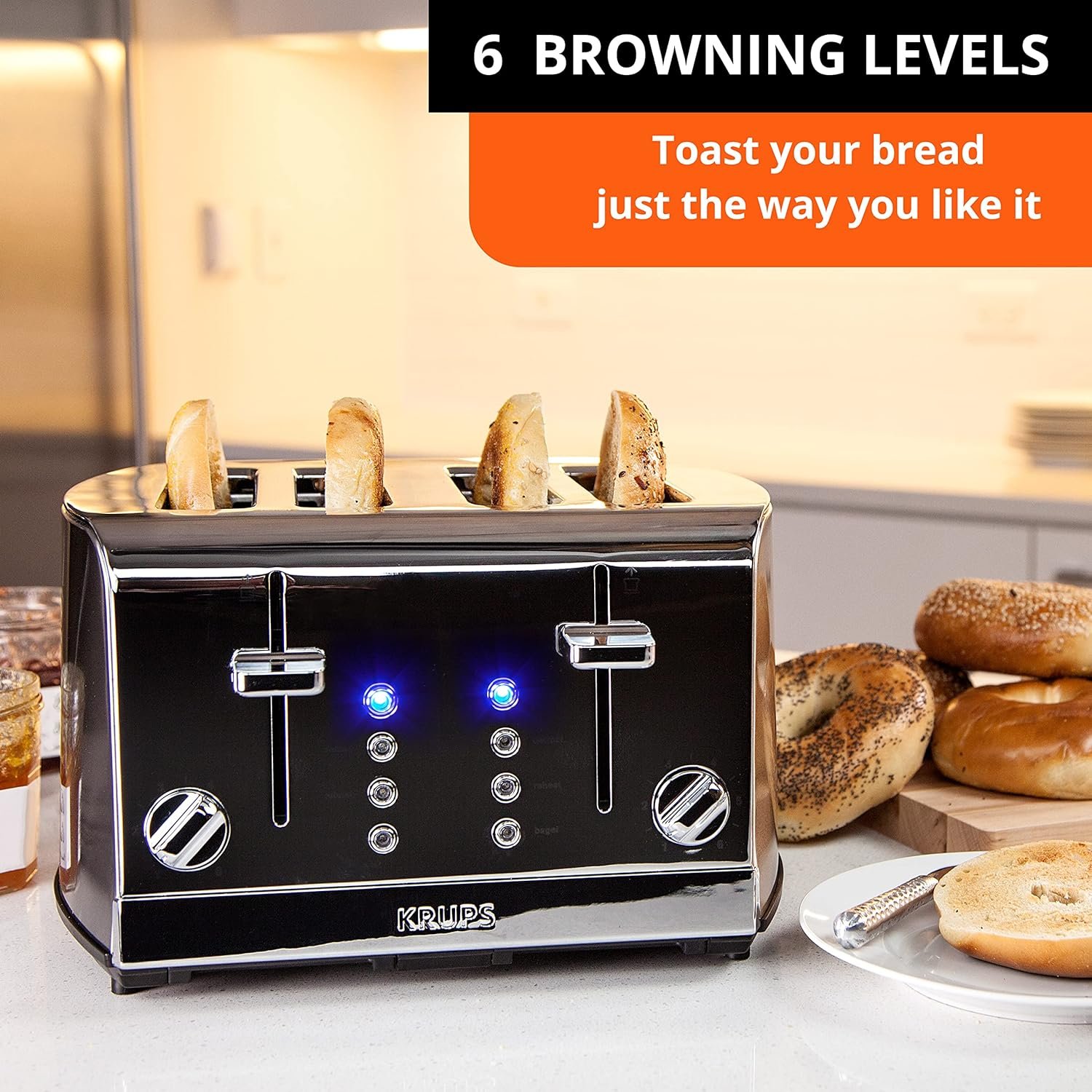 Krups Breakfast Set Stainless Steel Toaster 4 Slice 1500 Watts 6 Brown Settings, Defrost, Reheat, High Lift Lever Silver, Matte and Chrome