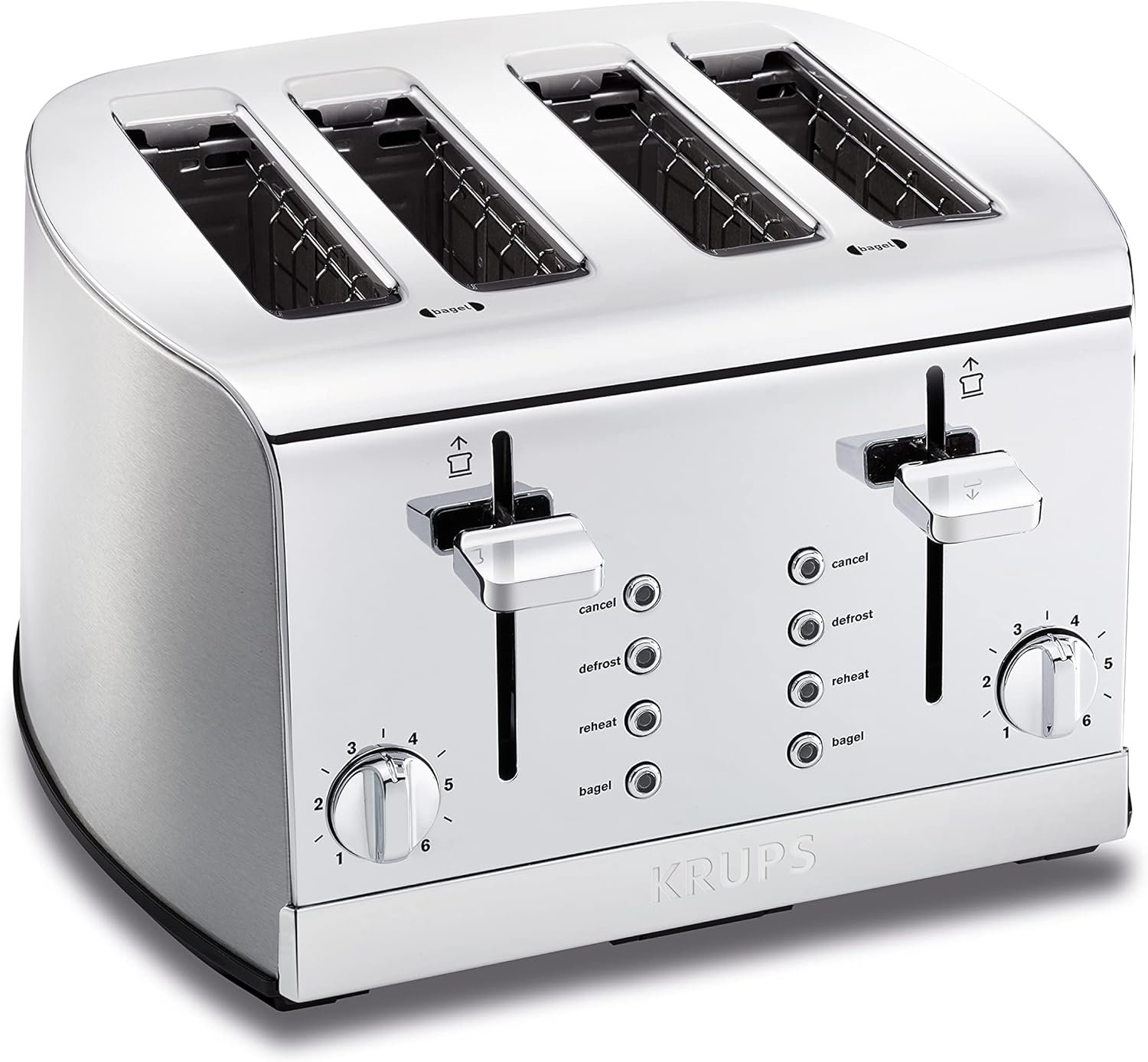 Krups Breakfast Set Stainless Steel Toaster 4 Slice 1500 Watts 6 Brown Settings, Defrost, Reheat, High Lift Lever Silver, Matte and Chrome