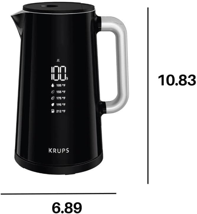 Krups Smart Temp Plastic and Stainless Steel Electric Kettle 1.7 Liter 5 Temperatures, Safe, Real Time Temperature Display 1500 Watts Digital Control, Fast Boiling, Auto Off, Keep Warm, Cordless Black