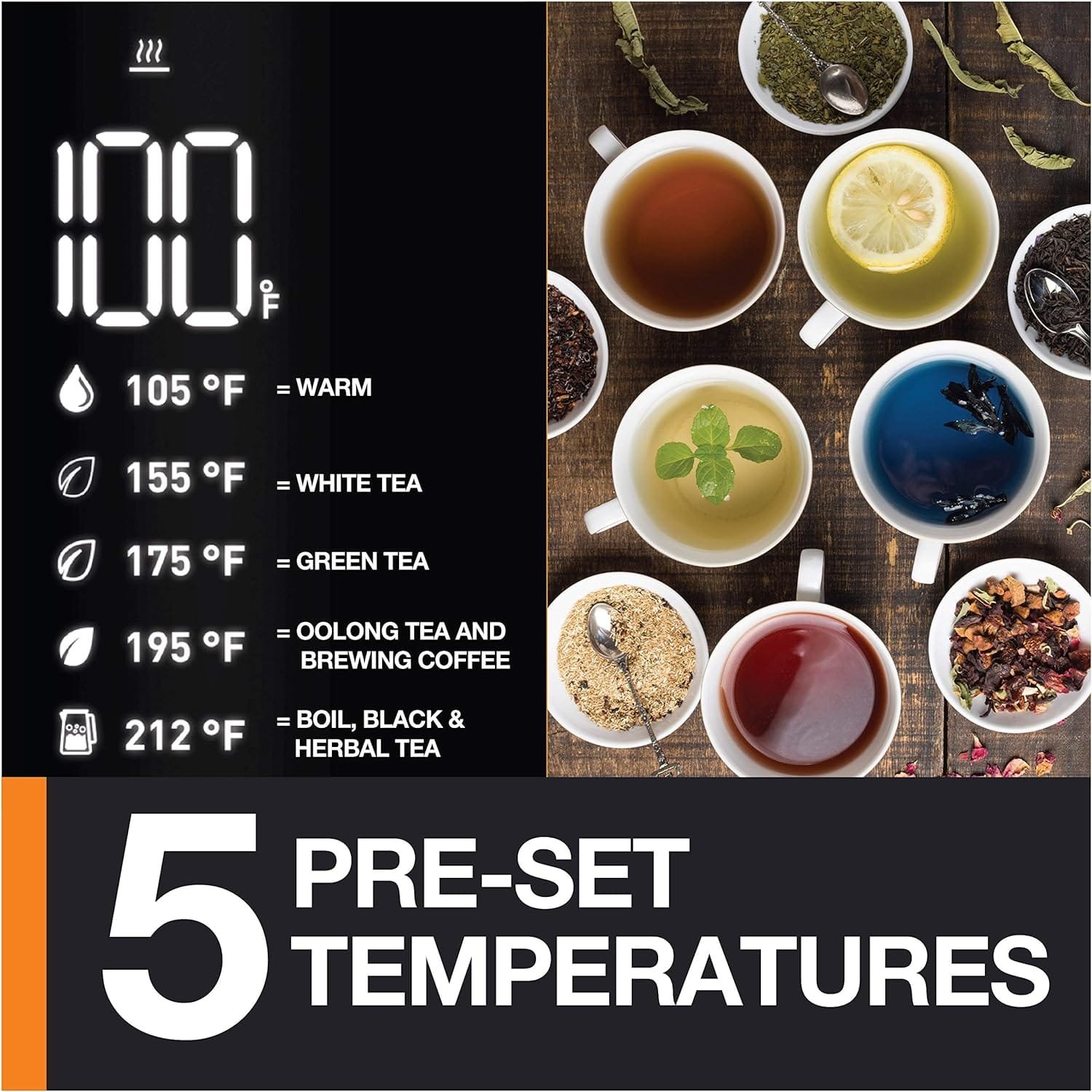 Krups Smart Temp Plastic and Stainless Steel Electric Kettle 1.7 Liter 5 Temperatures, Safe, Real Time Temperature Display 1500 Watts Digital Control, Fast Boiling, Auto Off, Keep Warm, Cordless Black