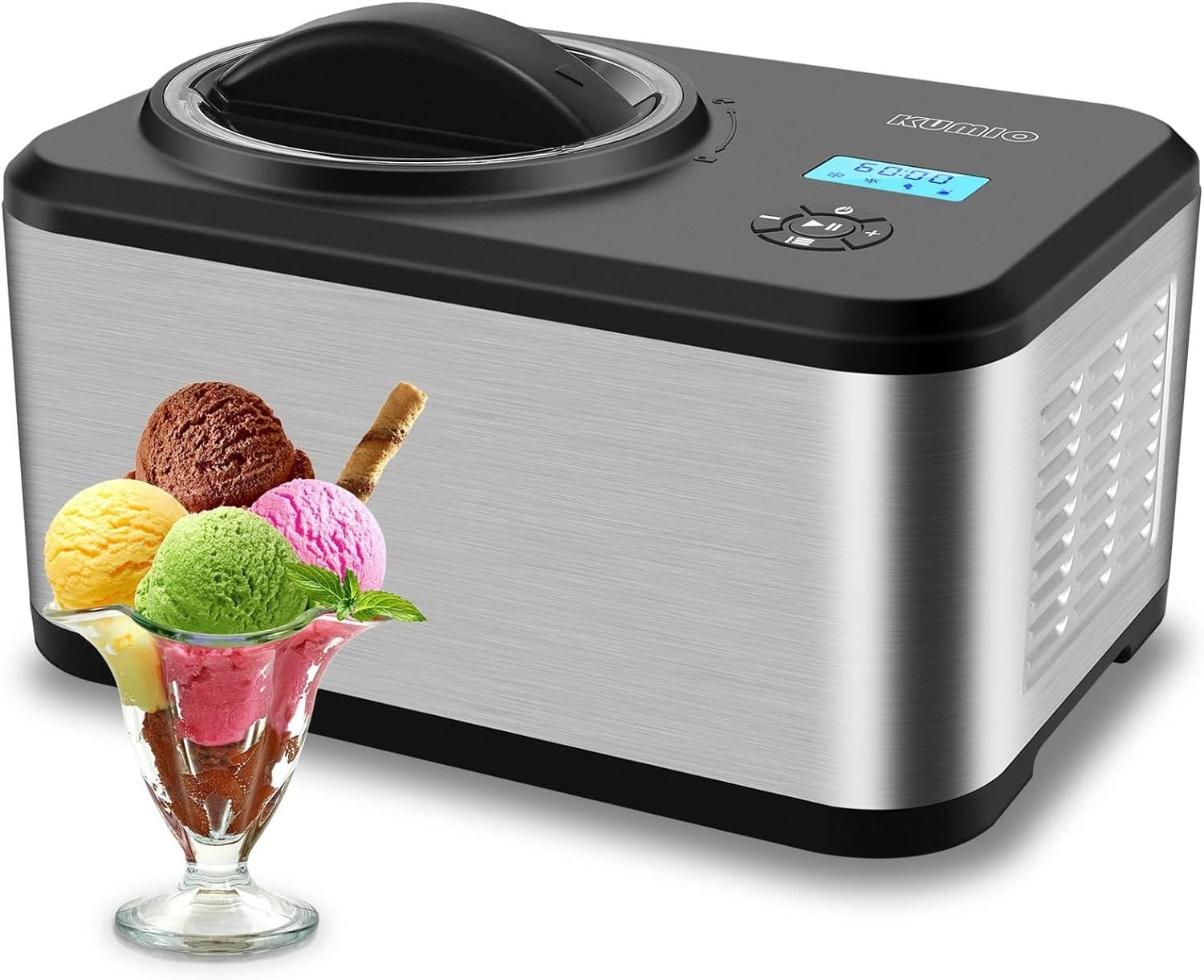 KUMIO 1.2-Quart Automatic Ice Cream Maker with Compressor, No Pre-freezing, 4 Modes Frozen Yogurt Machine with LCD Display Timer, Electric Sorbet Maker Gelato Maker, Keep Cool Function KUMIO 1.2-Quart Automatic Ice Cream Maker with Compressor, No Pre-freezing, 4 Modes Frozen Yogurt Machine with LCD Display Timer, Electric Sorbet Maker Gelato Maker, Keep Cool Function