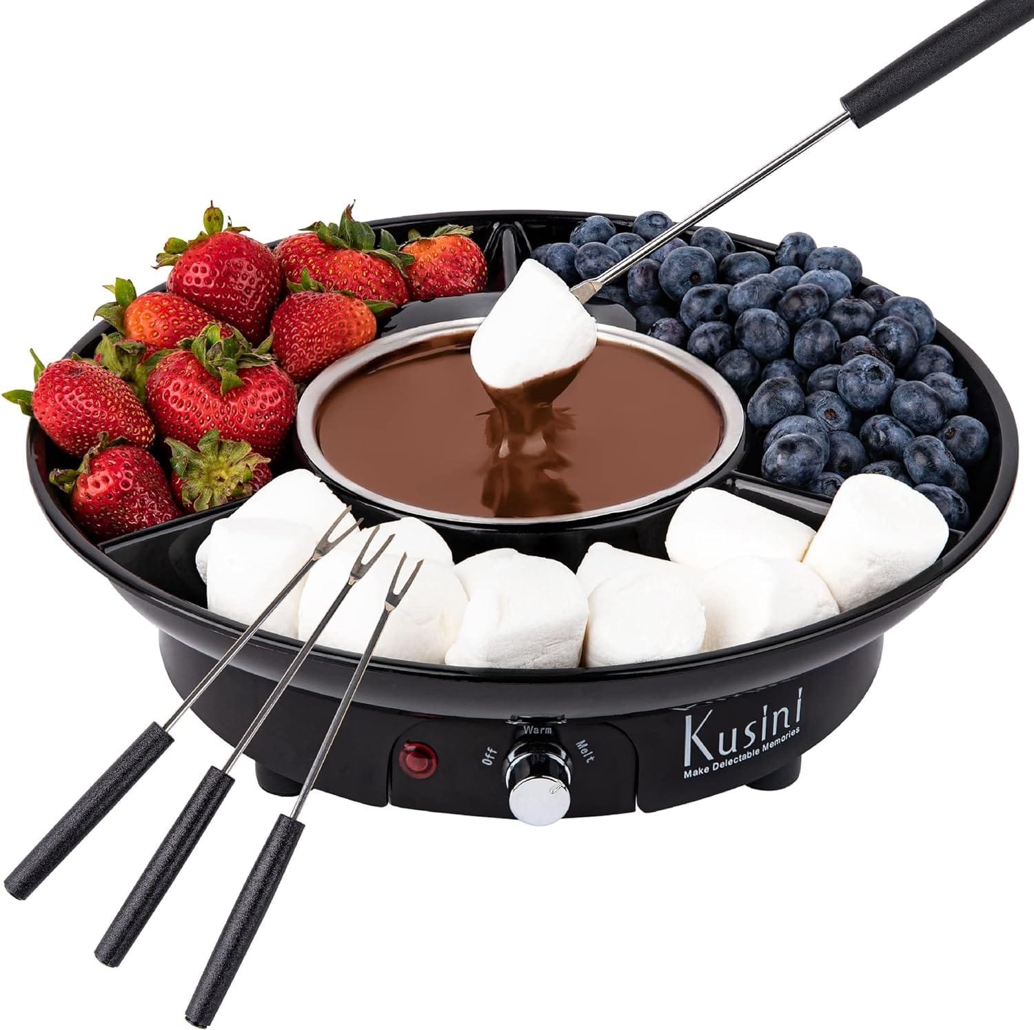 Kusini Electric Fondue Pot Set - Chocolate Fondue Kit - Temperature Control, Detachable Serving Trays,  4 Roasting Forks - Gift Set  Date Night Idea. Serve at Movie Night or Game Night. Kusini Electric Fondue Pot Set - Chocolate Fondue Kit - Temperature Control, Detachable Serving Trays,  4 Roasting Forks - Gift Set  Date Night Idea. Serve at Movie Night or Game Night.