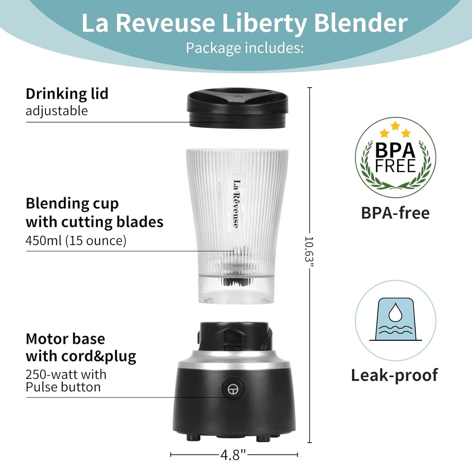 La Reveuse Personal Size Blender 250 Watts Power for Shakes Smoothies Seasonings Sauces with 15 oz Portable To Go Cup,BPA-Free