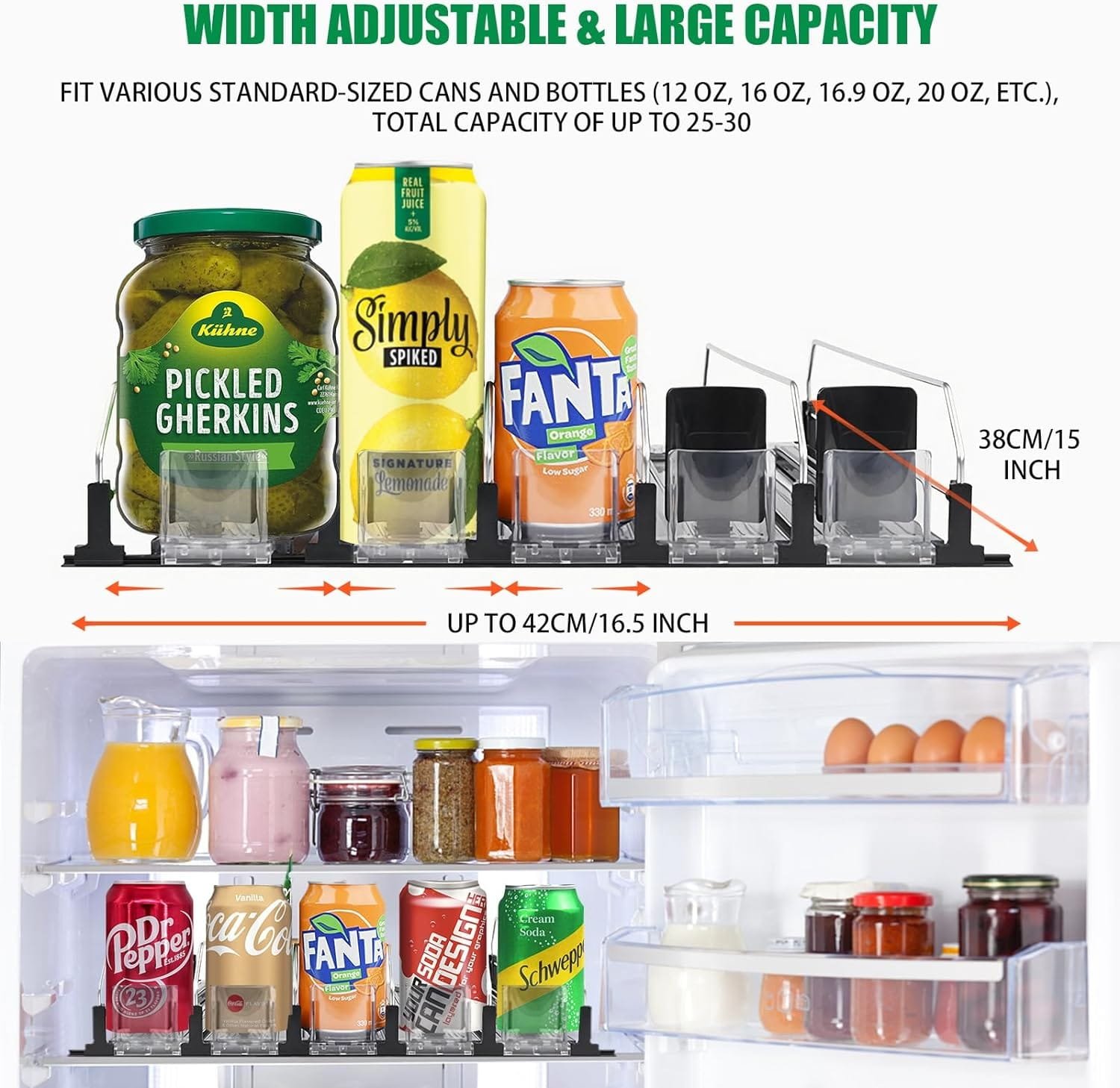 LAISGOO Drink Organizer for Fridge, 5 Rows Self-Pushing Soda Can Dispenser for Refrigerator with Pusher Glide, Width Adjustable Fridge Can Organizer, Beer Pop Can Water Bottle Drink Storage