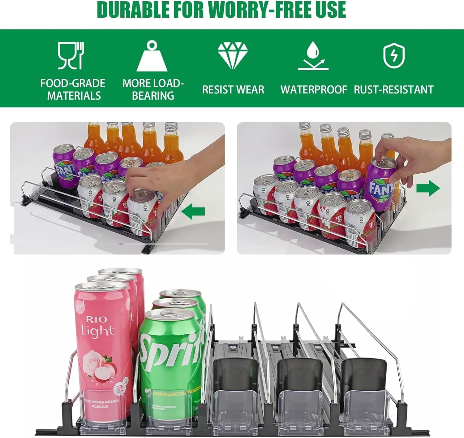 LAISGOO Drink Organizer for Fridge, 5 Rows Self-Pushing Soda Can Dispenser for Refrigerator with Pusher Glide, Width Adjustable Fridge Can Organizer, Beer Pop Can Water Bottle Drink Storage