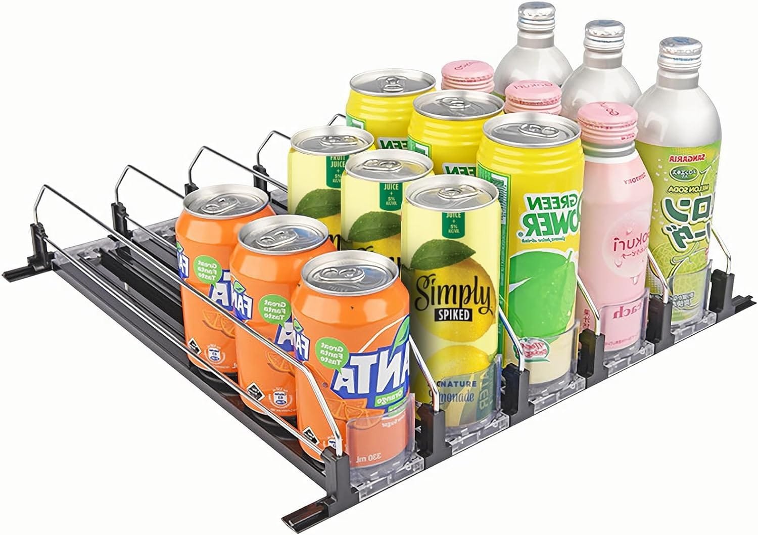 LAISGOO Drink Organizer for Fridge, 5 Rows Self-Pushing Soda Can Dispenser for Refrigerator with Pusher Glide, Width Adjustable Fridge Can Organizer, Beer Pop Can Water Bottle Drink Storage
