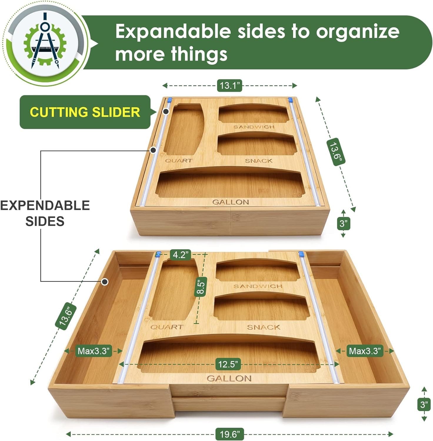 LANDNEOO Storage Organizer for Ziplock Food Bag, Expandable Kitchen Drawer Dispenser, Bamboo Holder with Slide Cutter, Suitable Gallon, Quart, Sandwich, Snack Bags and 12 Aluminum Foil  Wax Paper LANDNEOO Storage Organizer for Ziplock Food Bag, Expandable Kitchen Drawer Dispenser, Bamboo Holder with Slide Cutter, Suitable Gallon, Quart, Sandwich, Snack Bags and 12 Aluminum Foil  Wax Paper