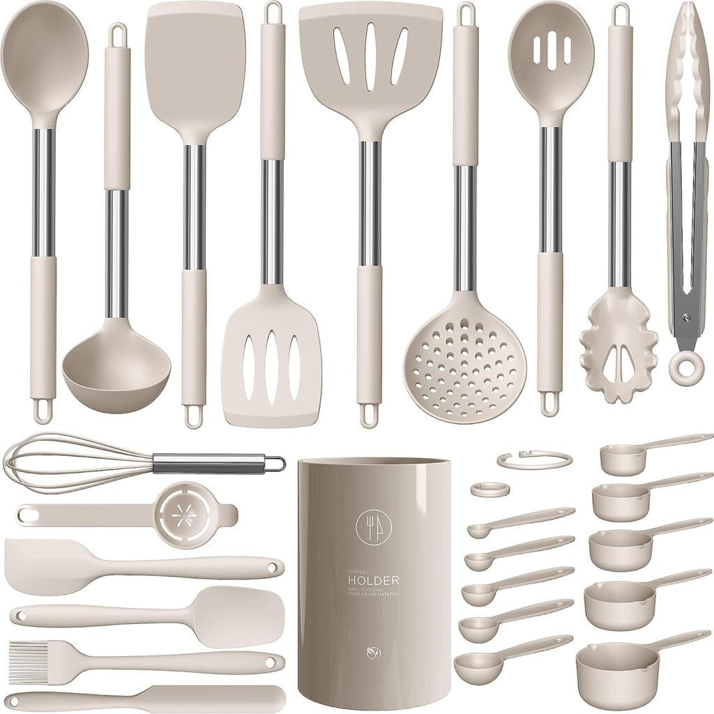 Large Silicone Cooking Utensils Set - Heat Resistant Kitchen Utensils,Turner Tongs,Spatula,Spoon,Brush,Whisk,Stainless Steel Silicone Cooking Tool for Nonstick Cookware,Dishwasher Safe (Khaki) Large Silicone Cooking Utensils Set - Heat Resistant Kitchen Utensils,Turner Tongs,Spatula,Spoon,Brush,Whisk,Stainless Steel Silicone Cooking Tool for Nonstick Cookware,Dishwasher Safe (Khaki)
