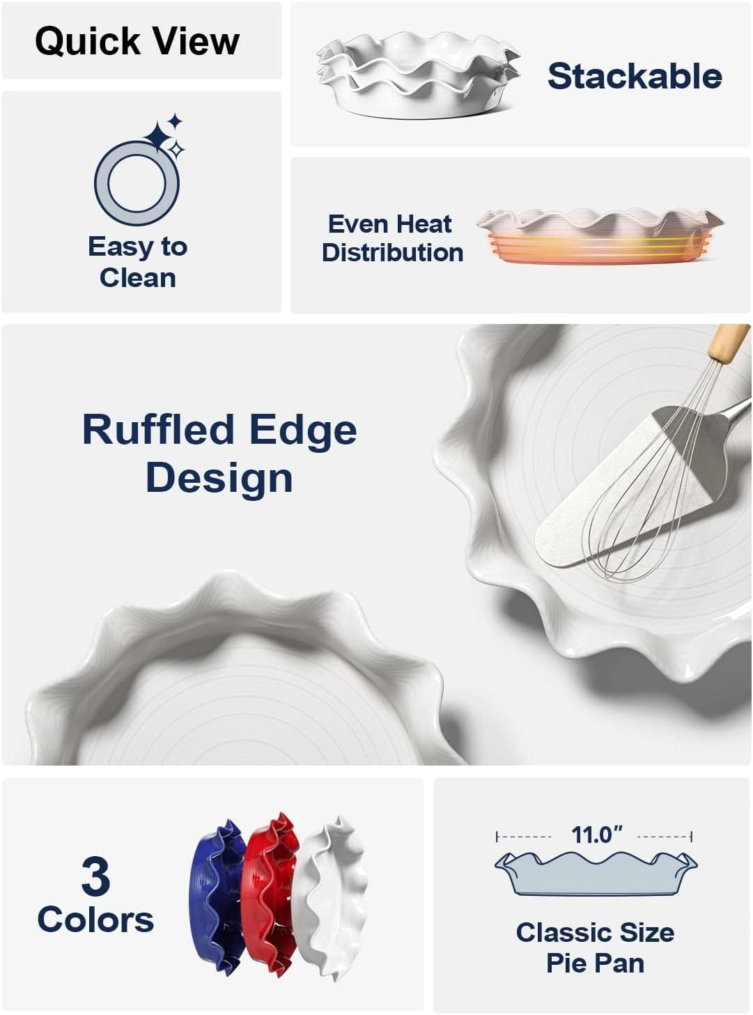 LE TAUCI Ceramic Pie Pans for Baking, 11 Inches Deep Dish Pie Plate for Apple Pie, Pot Pie, 48 Ounce Baking Dish with Ruffled Edge, Set of 2, White LE TAUCI Ceramic Pie Pans for Baking, 11 Inches Deep Dish Pie Plate for Apple Pie, Pot Pie, 48 Ounce Baking Dish with Ruffled Edge, Set of 2, White