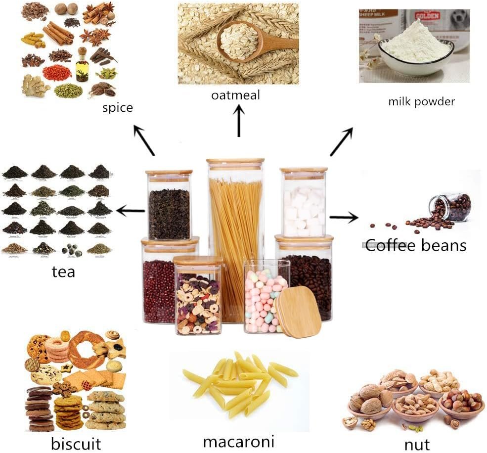 LEAVES AND TREES Y Stackable Kitchen Canisters Set, Pack of 5 Clear Glass Food Storage Jars Containers with Airtight Bamboo Lid for Candy, Cookie, Rice, Sugar, Flour, Pasta, Nuts LEAVES AND TREES Y Stackable Kitchen Canisters Set, Pack of 5 Clear Glass Food Storage Jars Containers with Airtight Bamboo Lid for Candy, Cookie, Rice, Sugar, Flour, Pasta, Nuts