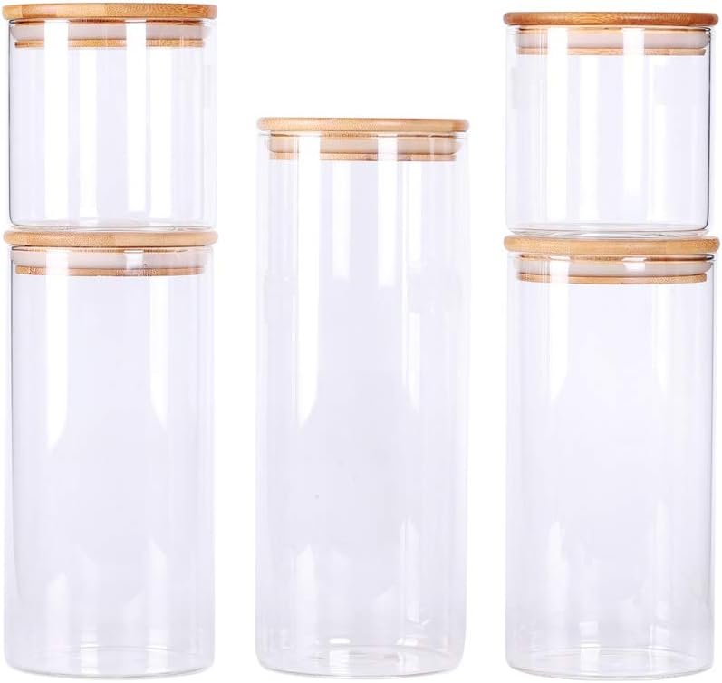 LEAVES AND TREES Y Stackable Kitchen Canisters Set, Pack of 5 Clear Glass Food Storage Jars Containers with Airtight Bamboo Lid for Candy, Cookie, Rice, Sugar, Flour, Pasta, Nuts LEAVES AND TREES Y Stackable Kitchen Canisters Set, Pack of 5 Clear Glass Food Storage Jars Containers with Airtight Bamboo Lid for Candy, Cookie, Rice, Sugar, Flour, Pasta, Nuts