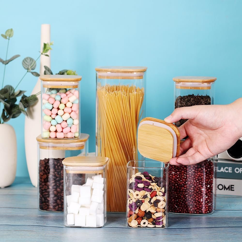 LEAVES AND TREES Y Stackable Kitchen Canisters Set, Pack of 5 Clear Glass Food Storage Jars Containers with Airtight Bamboo Lid for Candy, Cookie, Rice, Sugar, Flour, Pasta, Nuts LEAVES AND TREES Y Stackable Kitchen Canisters Set, Pack of 5 Clear Glass Food Storage Jars Containers with Airtight Bamboo Lid for Candy, Cookie, Rice, Sugar, Flour, Pasta, Nuts