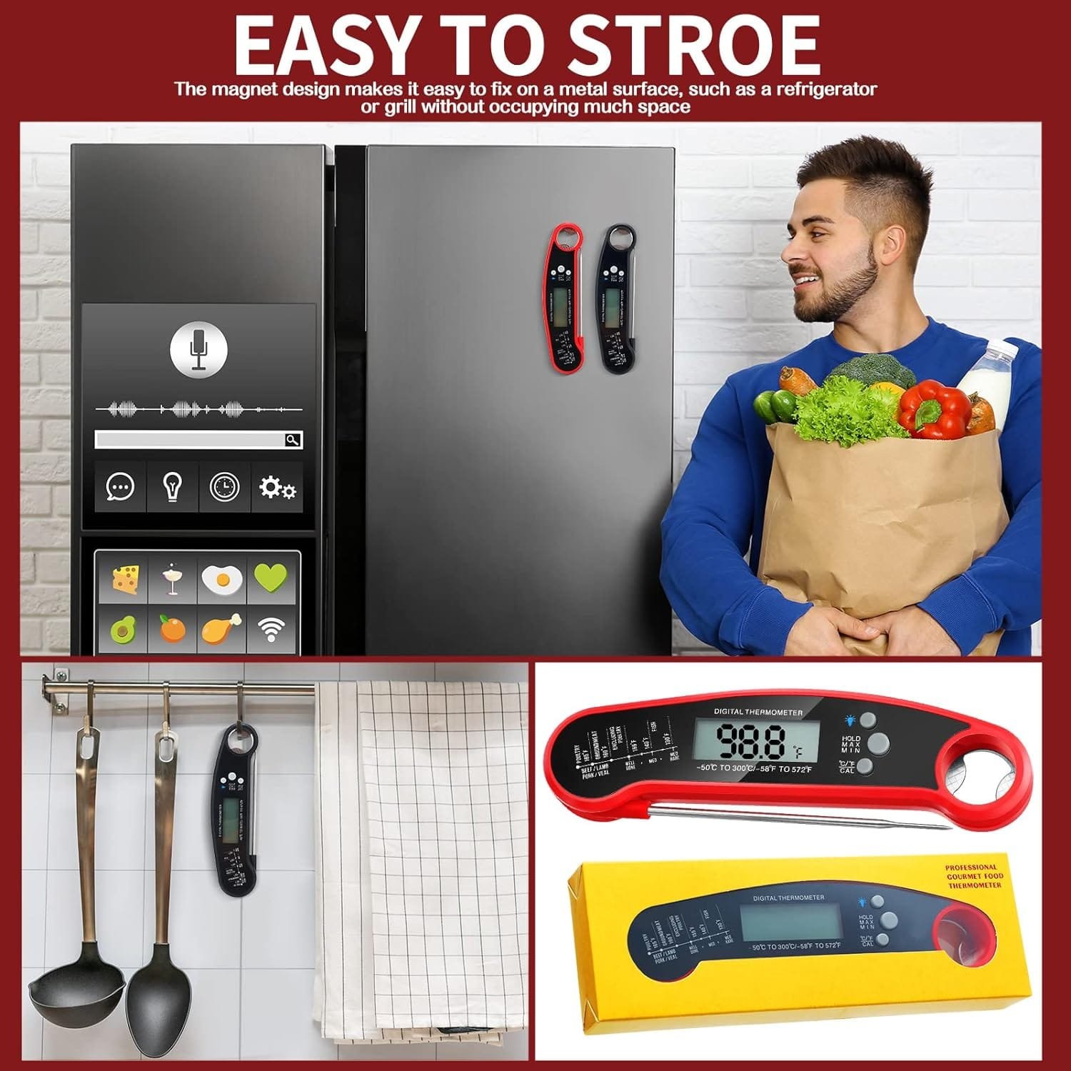 Leelosp 3 Pcs Digital Meat Thermometer with Probe Waterproof Fast Read Food Thermometer Kitchen Grilling Cooking Thermometer with Backlight Magnet and Calibration for Baking BBQ Outdoor, Red and Black Leelosp 3 Pcs Digital Meat Thermometer with Probe Waterproof Fast Read Food Thermometer Kitchen Grilling Cooking Thermometer with Backlight Magnet and Calibration for Baking BBQ Outdoor, Red and Black