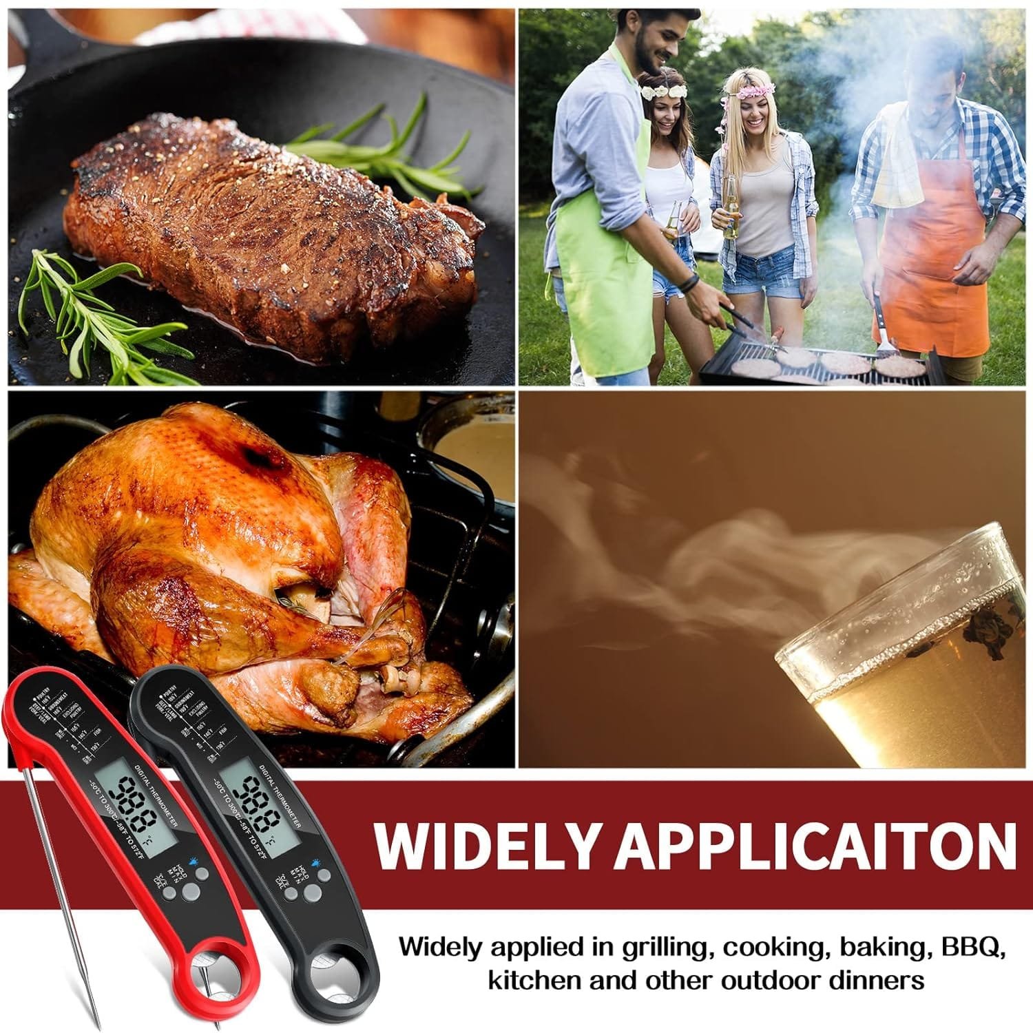 Leelosp 3 Pcs Digital Meat Thermometer with Probe Waterproof Fast Read Food Thermometer Kitchen Grilling Cooking Thermometer with Backlight Magnet and Calibration for Baking BBQ Outdoor, Red and Black Leelosp 3 Pcs Digital Meat Thermometer with Probe Waterproof Fast Read Food Thermometer Kitchen Grilling Cooking Thermometer with Backlight Magnet and Calibration for Baking BBQ Outdoor, Red and Black