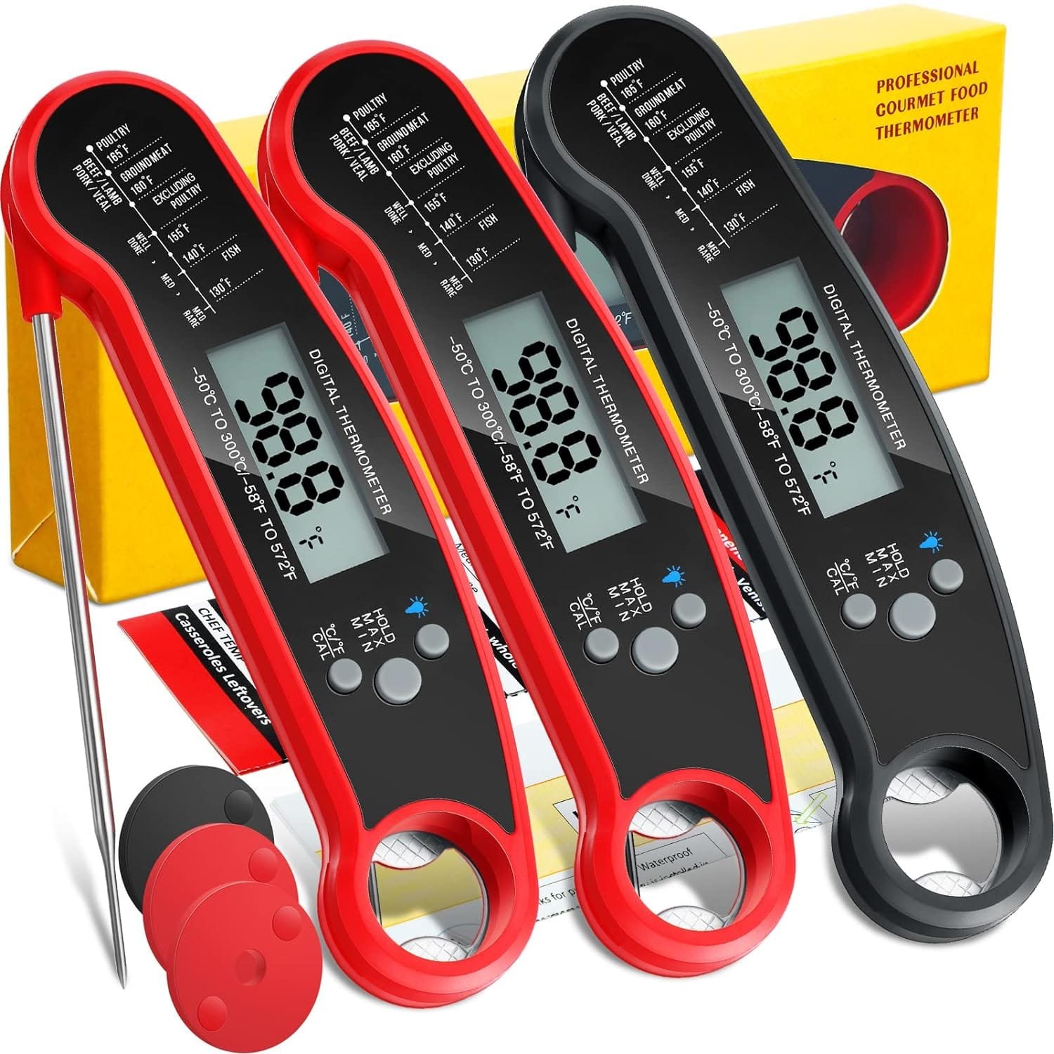 Leelosp 3 Pcs Digital Meat Thermometer with Probe Waterproof Fast Read Food Thermometer Kitchen Grilling Cooking Thermometer with Backlight Magnet and Calibration for Baking BBQ Outdoor, Red and Black Leelosp 3 Pcs Digital Meat Thermometer with Probe Waterproof Fast Read Food Thermometer Kitchen Grilling Cooking Thermometer with Backlight Magnet and Calibration for Baking BBQ Outdoor, Red and Black