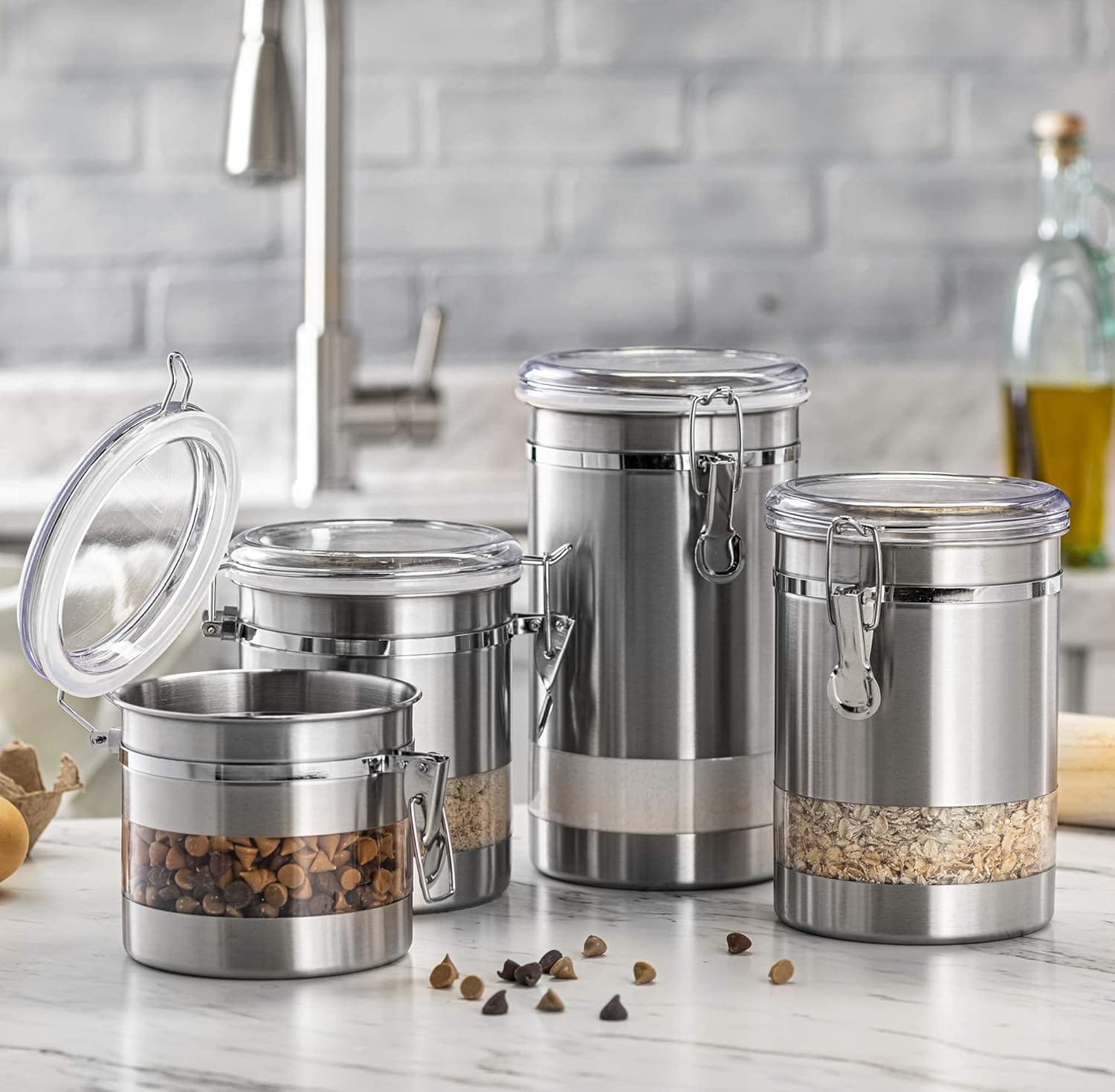 Leraze Airtight Food Storage Container for Kitchen Counter with Window, Canister Set Ideal for Flour Tea, Sugar, Coffee, Candy, Cookie Jar with Clear Acrylic Lids  Locking Clamp