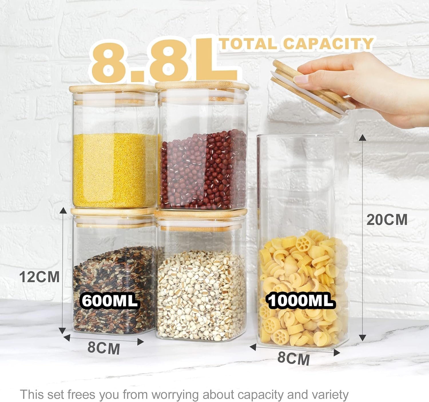 LIBWYS Pantry Glass Storage Jars with Bamboo Lids Set of 6, 202oz Airtight Food Containers Kitchen Storage Jars - Dishwasher Safe (6pack)