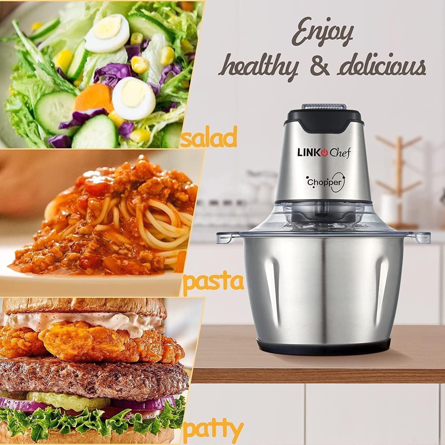 LINKChef Food Chopper, 5 Cup Food Processor Mini Electric, 1.2L 250W Meat Grinder with 4 Bi-Level Blades, Stainless Steel Mincer for Kitchen, Vegetable, Onion, Garlic, Salad, Baby Food, Fruit, Nuts