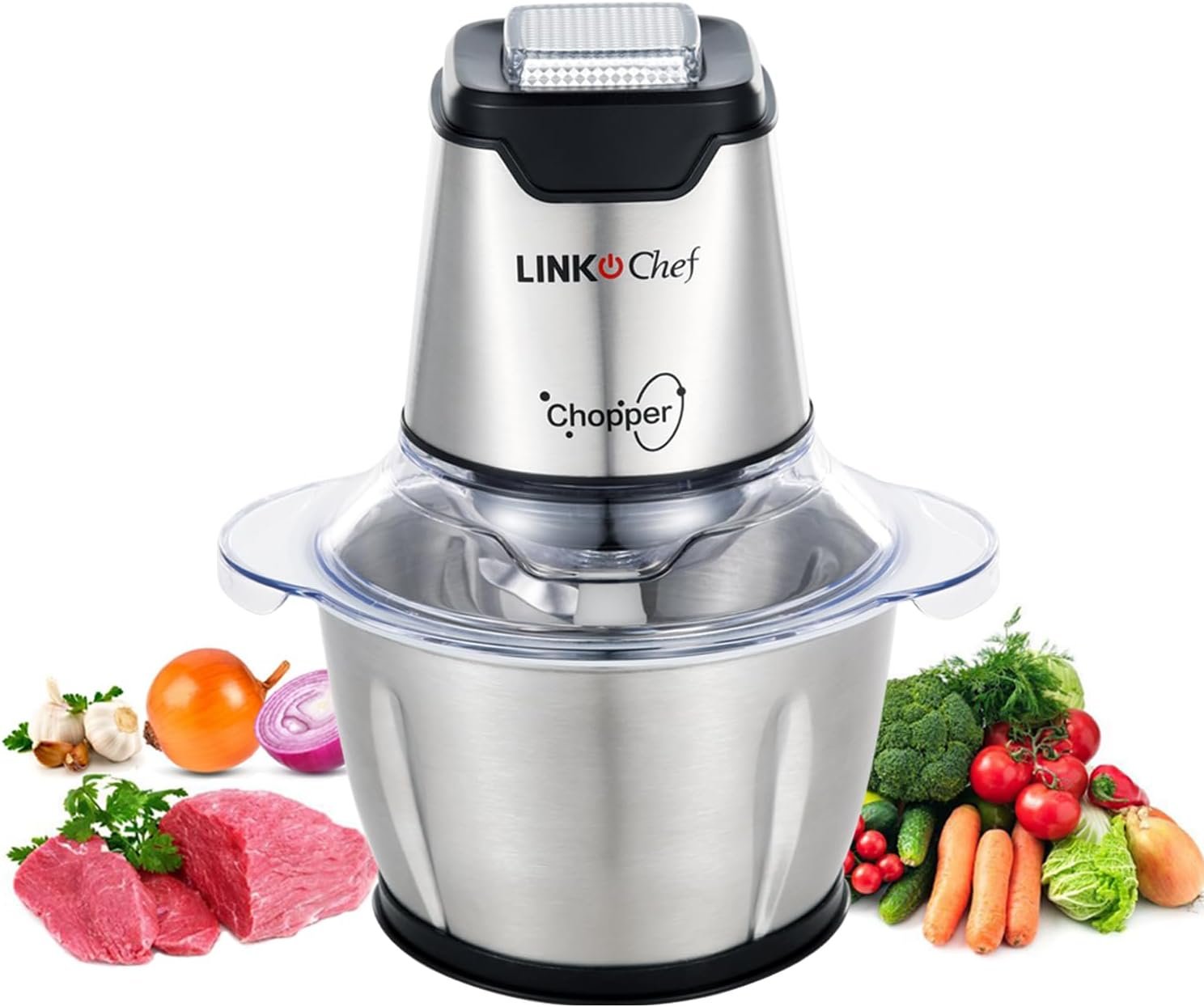 LINKChef Food Chopper, 5 Cup Food Processor Mini Electric, 1.2L 250W Meat Grinder with 4 Bi-Level Blades, Stainless Steel Mincer for Kitchen, Vegetable, Onion, Garlic, Salad, Baby Food, Fruit, Nuts