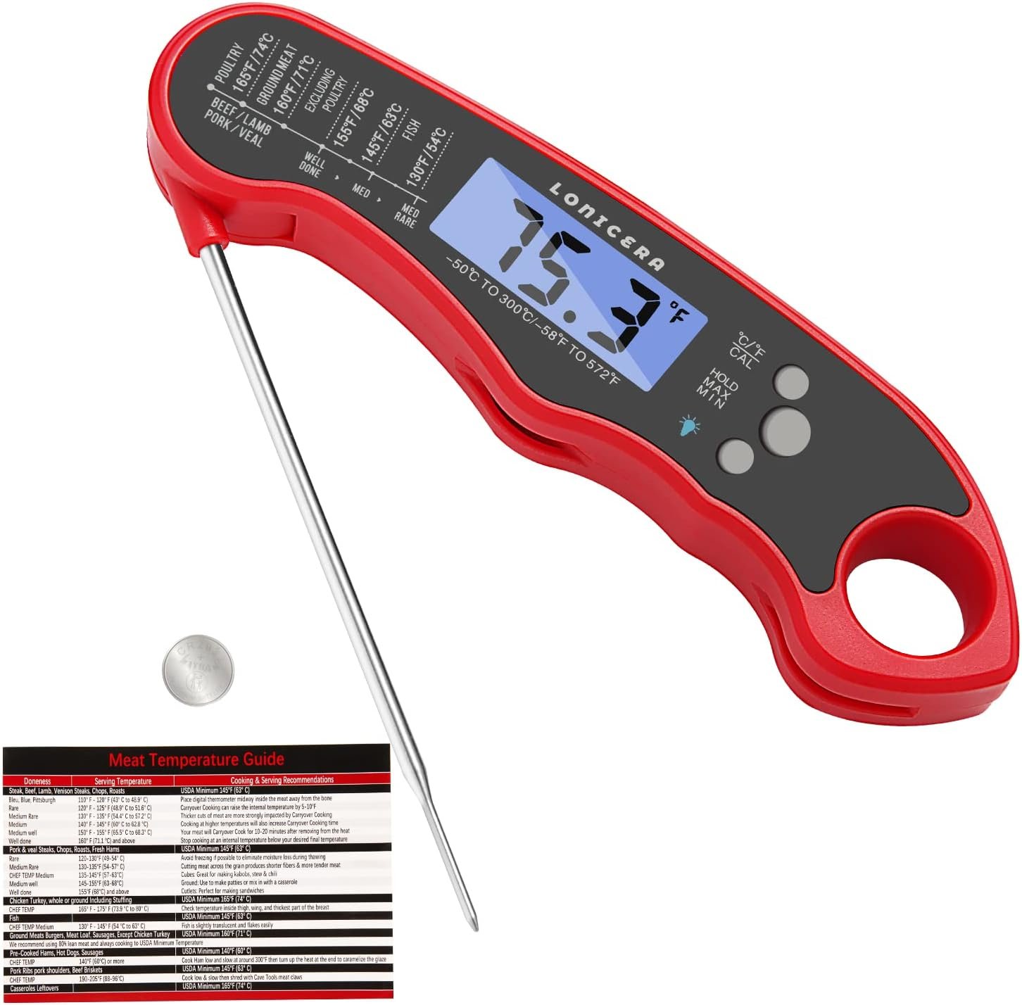 Lonicera Digital Meat Thermometer for Food Cooking. Waterproof  Instant Read for Kitchen Baking, BBQ. with Foldable Probe, Backlight  Calibration (Red)