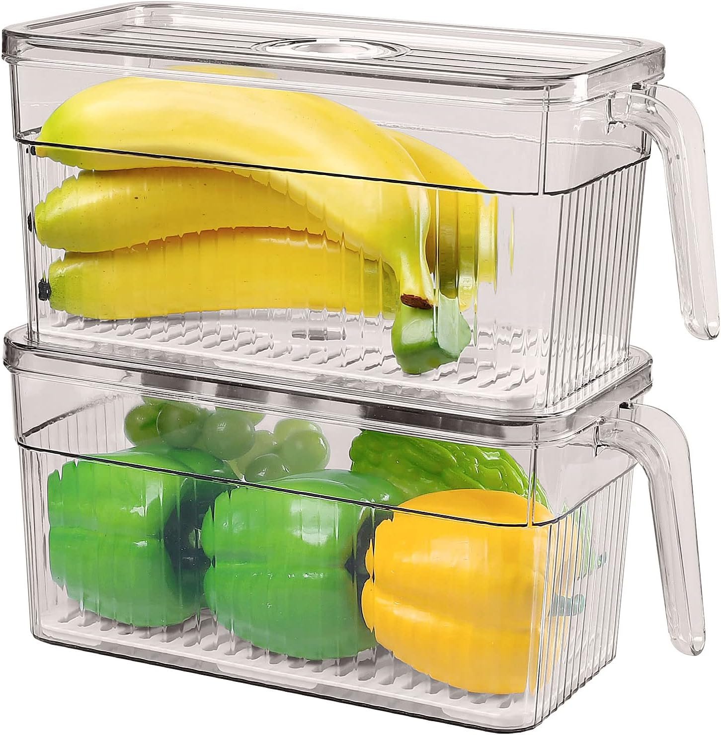 loobuu Produce Saver Containers for Refrigerator - 2 Pack Stackable Food Storage Container for Fridge, Berry Keeper Boxes with Removable Drain Tray Keep Fresh for Vegetables, Fruit,Meat and Salad