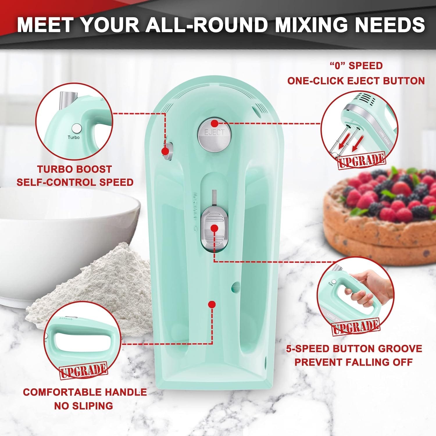 Lord Eagle Electric Hand Mixer Mini, 300W Power Handheld Mixer Kitchen for 5-Speed Baking Cake Egg Cream Food Beaters Whisk, with Snap-On Storage Case, Green Lord Eagle Electric Hand Mixer Mini, 300W Power Handheld Mixer Kitchen for 5-Speed Baking Cake Egg Cream Food Beaters Whisk, with Snap-On Storage Case, Green