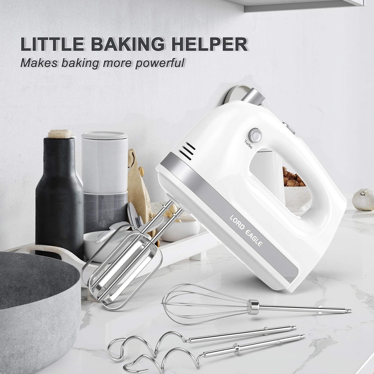 Lord Eagle Hand Mixer Electric, 400W Power handheld Mixer for Baking Cake Egg Cream Food Beater, Turbo Boost/Self-Control Speed + 5 Speed + Eject Button + 5 Stainless Steel Accessories (Black) Lord Eagle Hand Mixer Electric, 400W Power handheld Mixer for Baking Cake Egg Cream Food Beater, Turbo Boost/Self-Control Speed + 5 Speed + Eject Button + 5 Stainless Steel Accessories (Black)