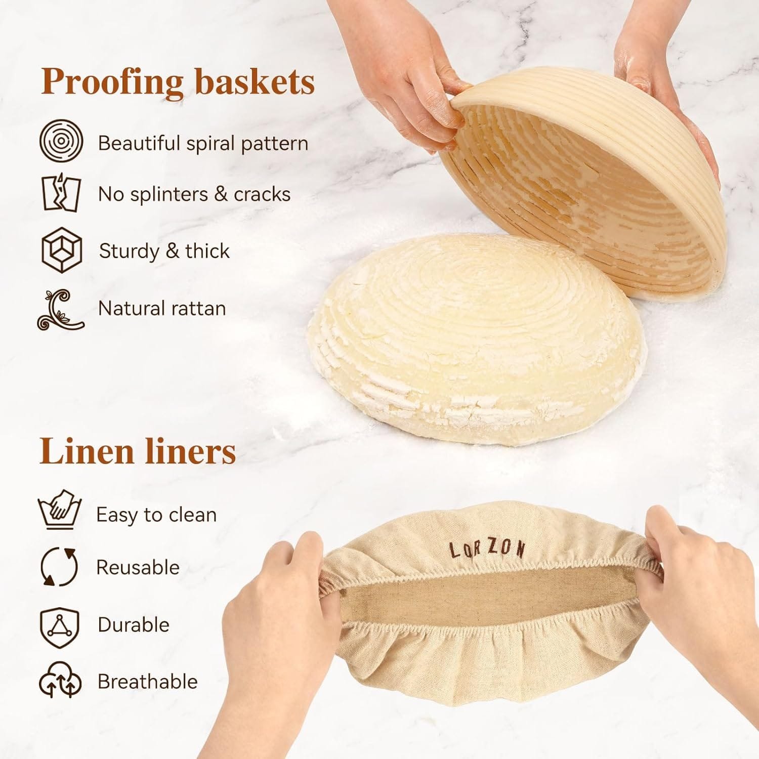 Lorzon Banneton Proofing Basket Set of 2, 10 Inch Round  Oval Cane Bread Proofing Baskets with Sourdough Bread Baking Supplies, Bread Making Kit Lorzon Banneton Proofing Basket Set of 2, 10 Inch Round  Oval Cane Bread Proofing Baskets with Sourdough Bread Baking Supplies, Bread Making Kit